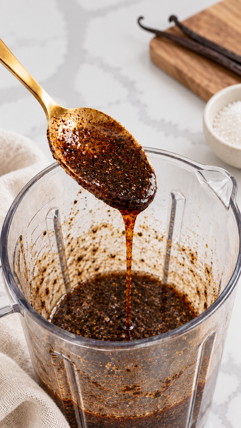 A gold spoon shows small vanilla pod flecks in the blended base above a stopped blender.
