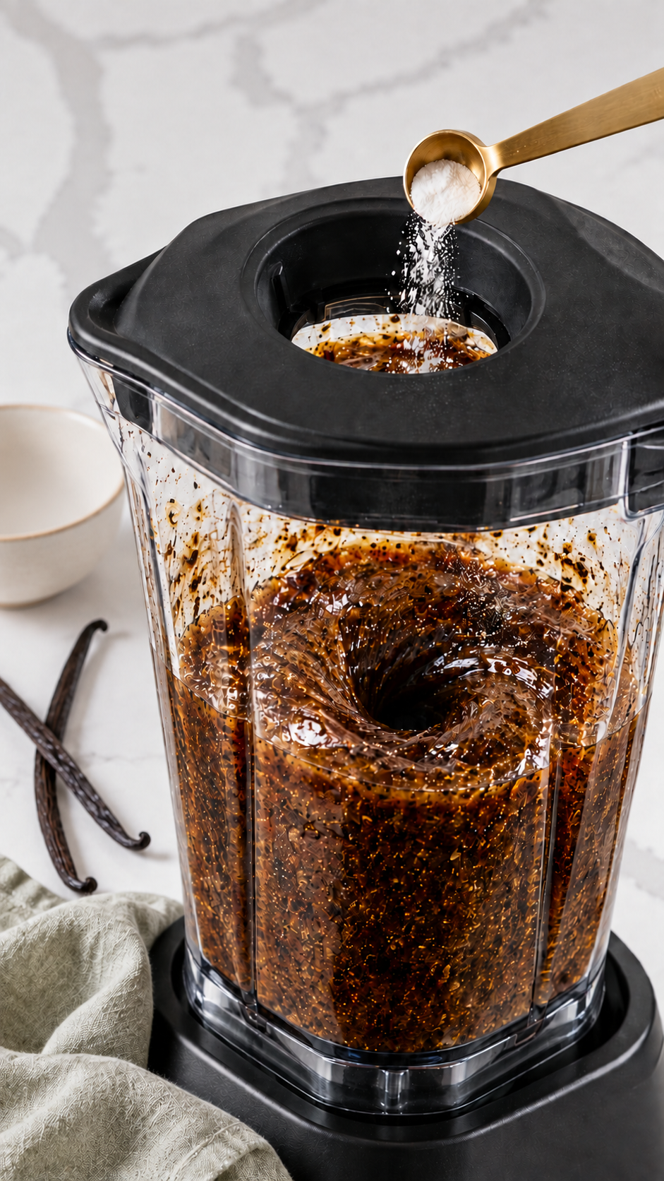 A small measure of xanthan gum is sprinkled through the blender lid opening into vanilla paste.