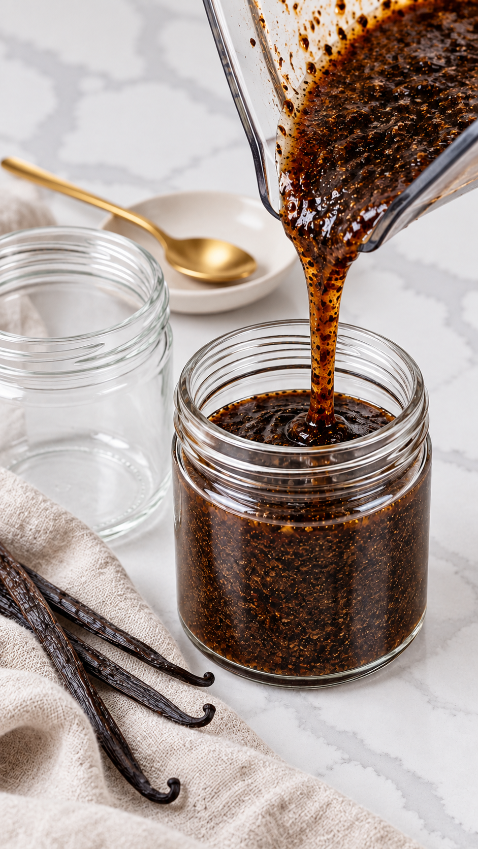 Vanilla bean paste pours from a blender into a clean glass jar beside rumpled linen and whole vanilla pods.