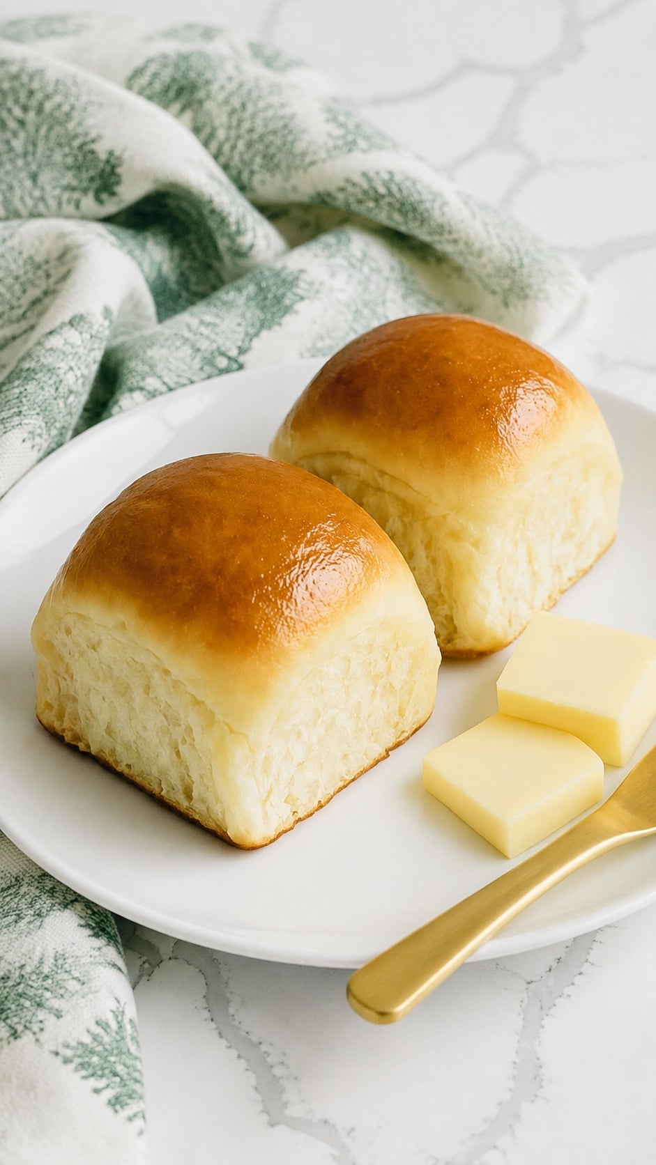 Two glossy golden homemade yeast rolls on a white plate with butter.