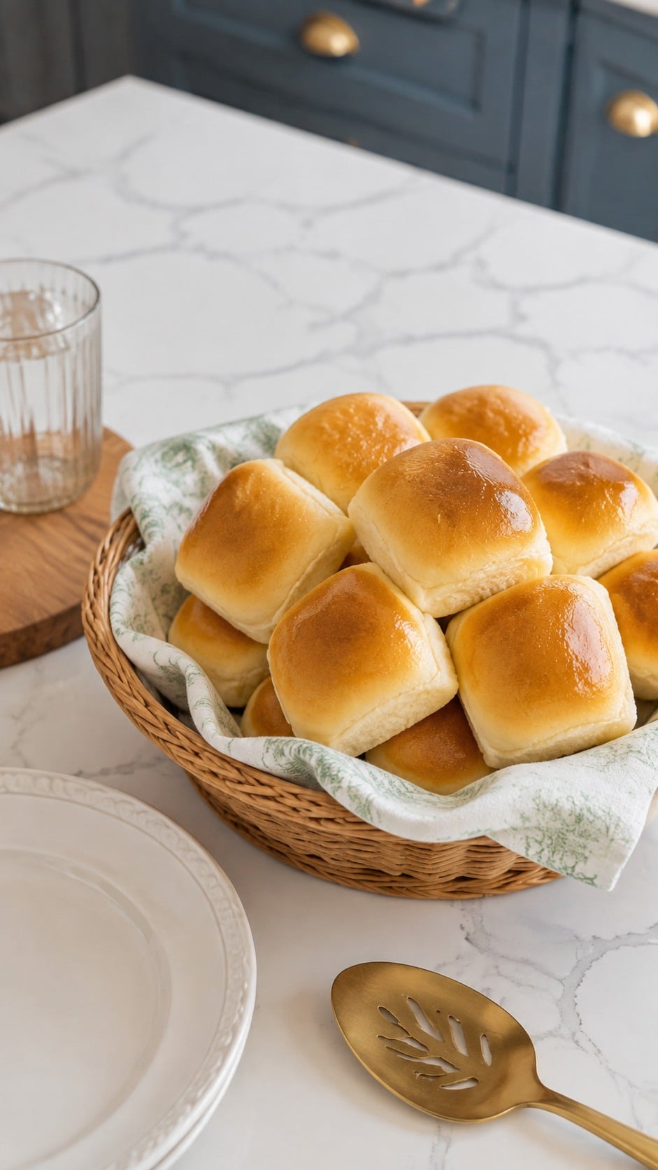 Warm homemade yeast rolls arranged in a breadbasket for a holiday dinner.