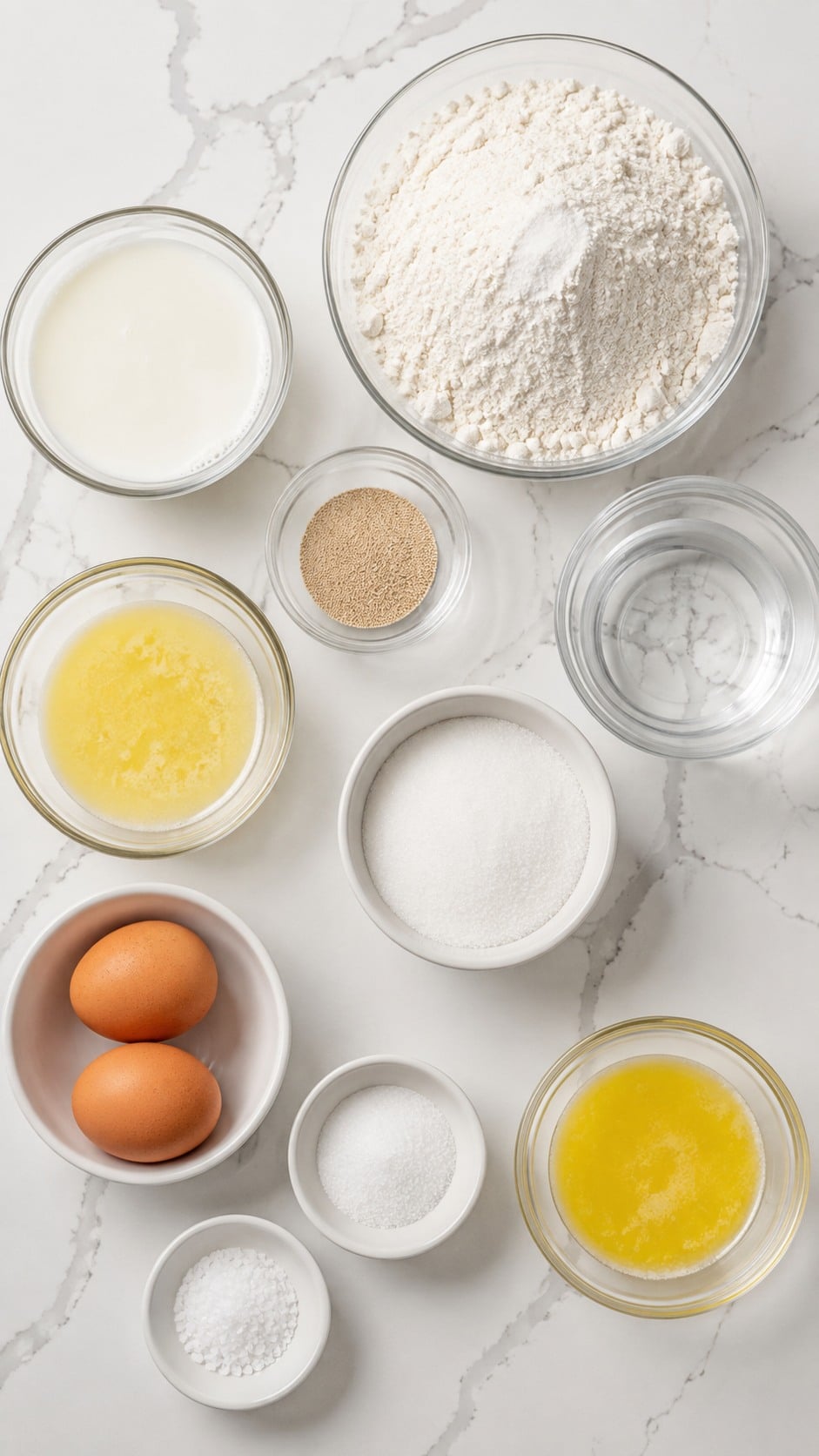 Active dry yeast, sugar, warm water, butter, milk, eggs, salt, and flour for homemade rolls.