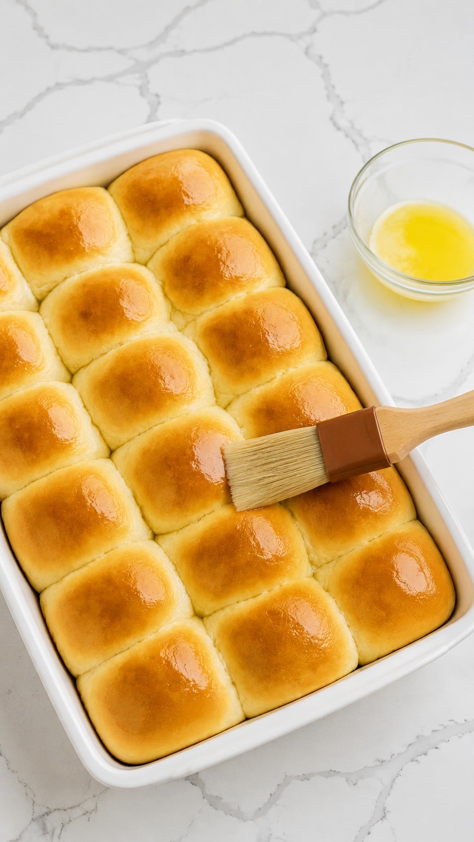 Golden baked yeast rolls brushed with melted butter.