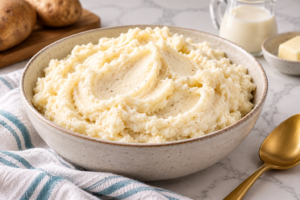 Creamy homestyle mashed potatoes with black pepper in an ivory serving bowl
