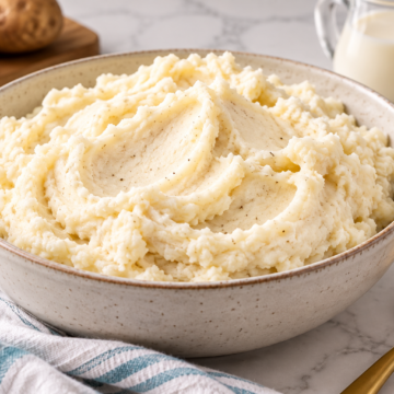 Creamy homestyle mashed potatoes with black pepper in an ivory serving bowl