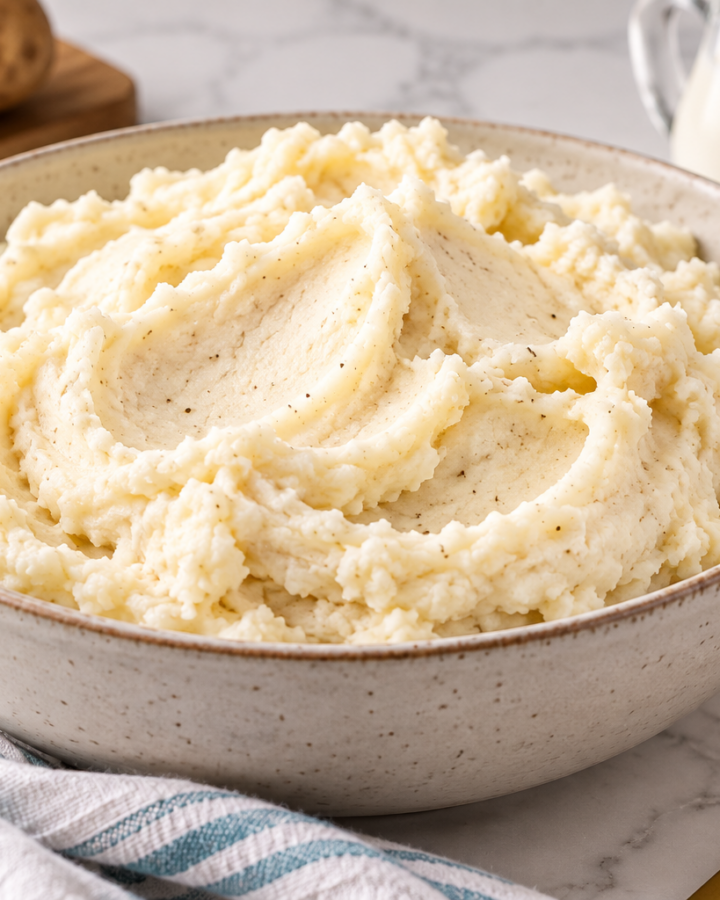 Creamy homestyle mashed potatoes with black pepper in an ivory serving bowl