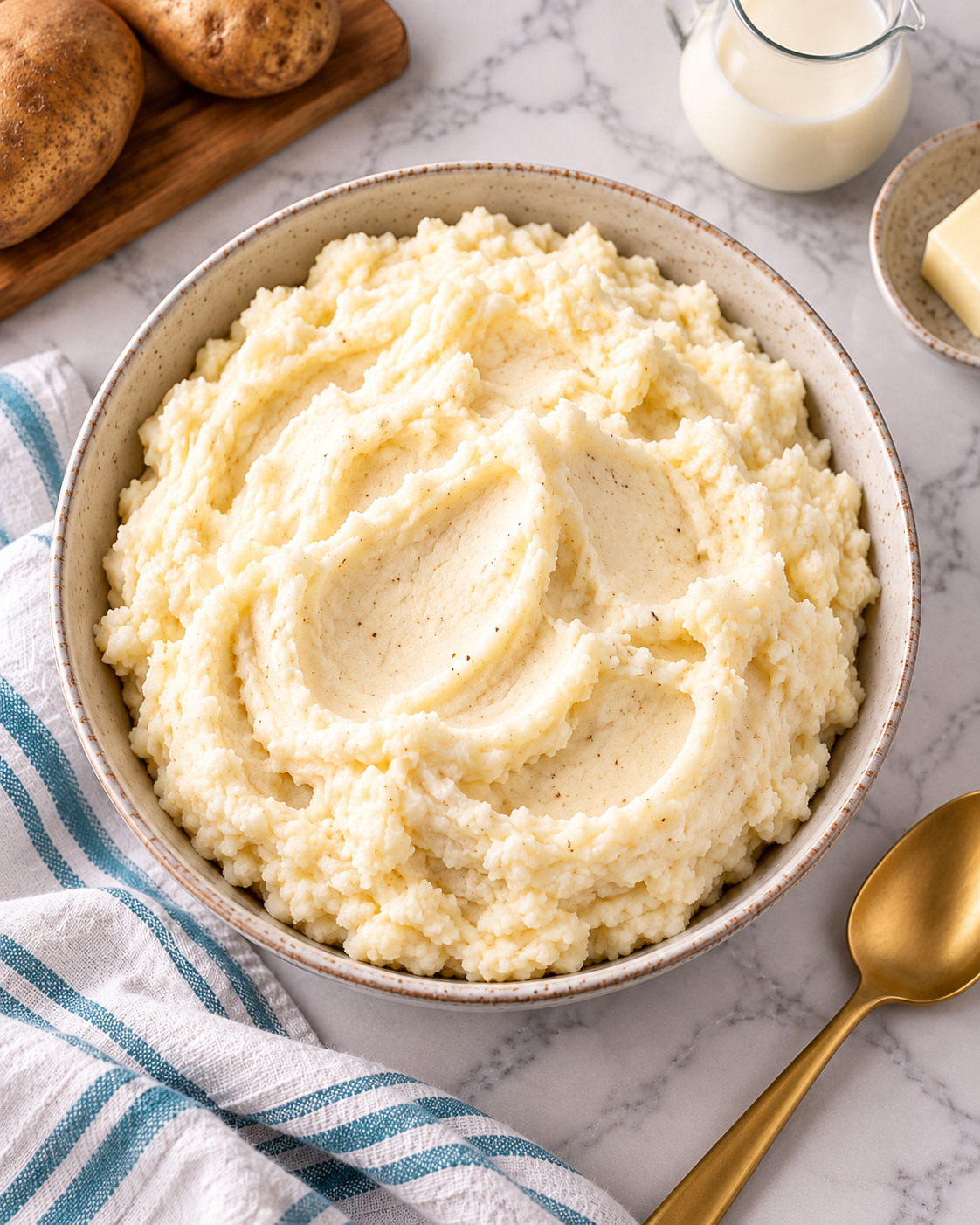 Overhead view of homestyle mashed potatoes in an ivory serving bowl