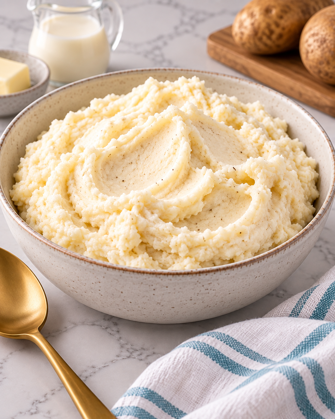 Close-up of creamy mashed potatoes with black pepper and soft spoon swirls
