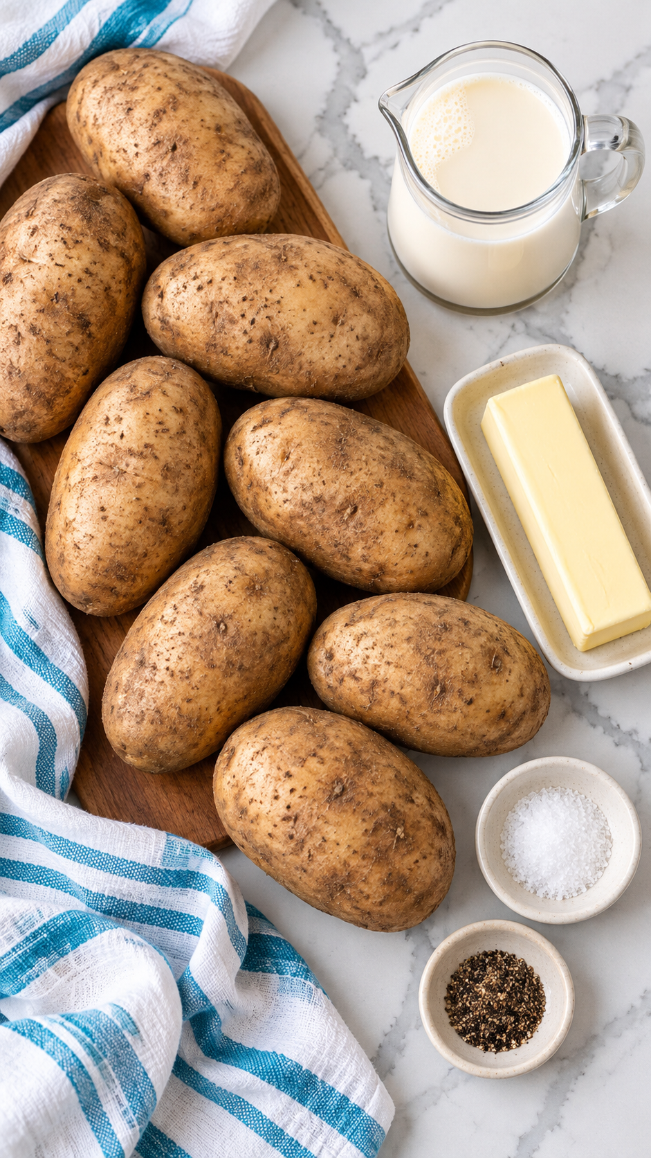 Russet potatoes, evaporated milk, butter, salt and black pepper for mashed potatoes
