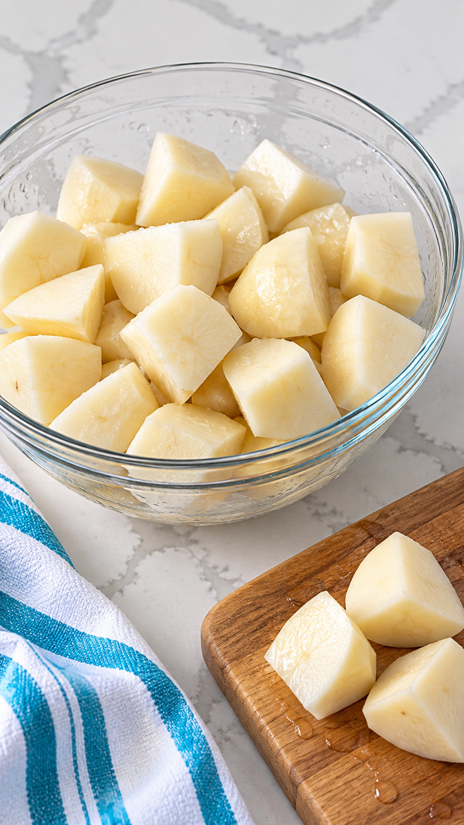 Peeled and cubed russet potatoes rinsed before cooking