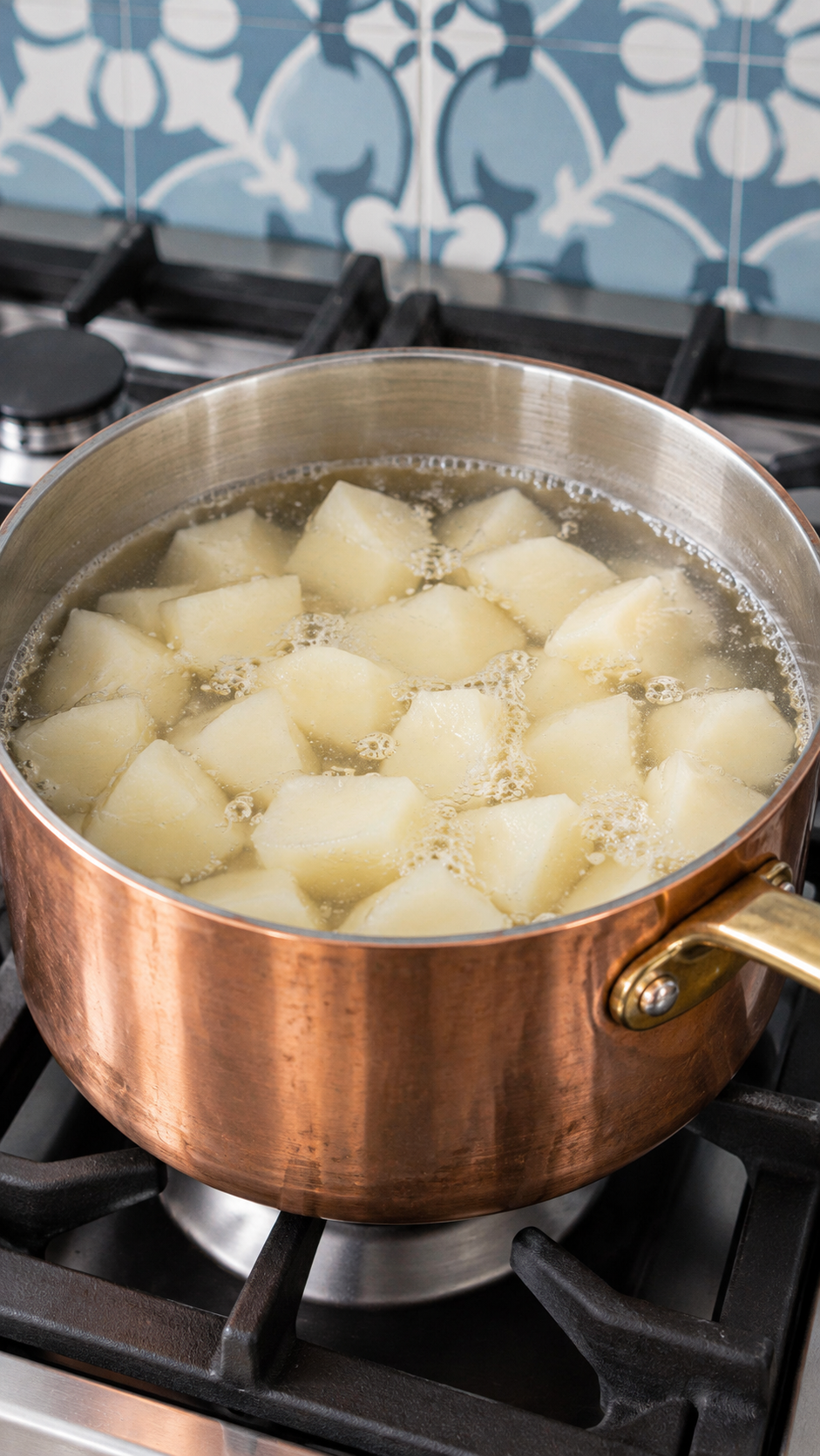 Potato chunks simmering in water in a copper saucepan