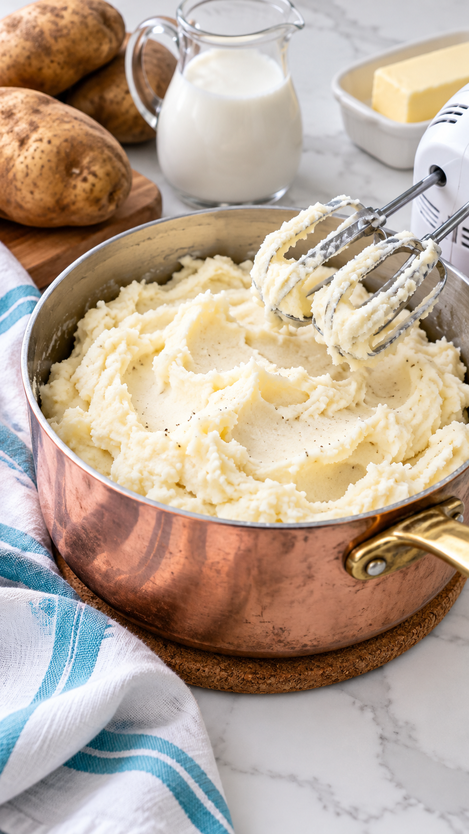Handheld mixer beaters above creamy mashed potatoes in a saucepan