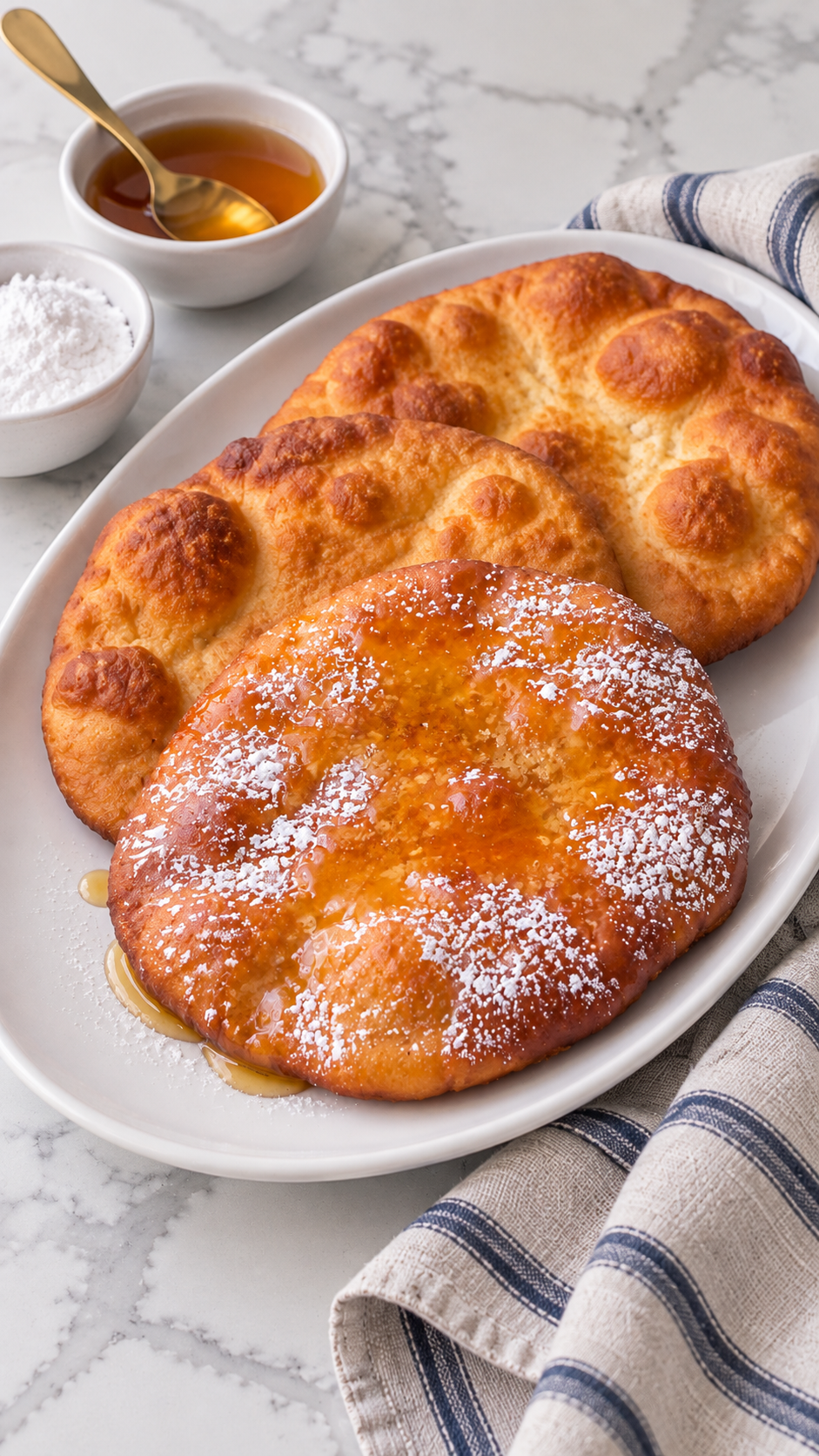 Fresh Indian fry bread served with honey and powdered sugar.