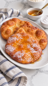 Indian fry bread with honey and powdered sugar on a white oval platter.