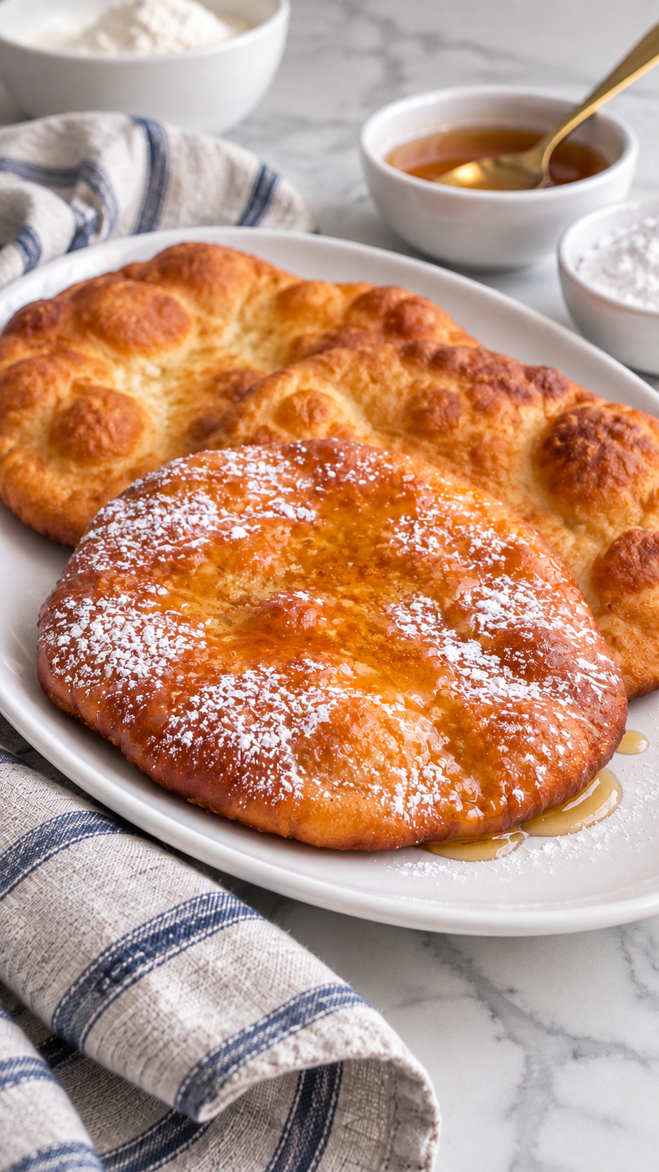 Close view of honey and powdered sugar on golden Indian fry bread.