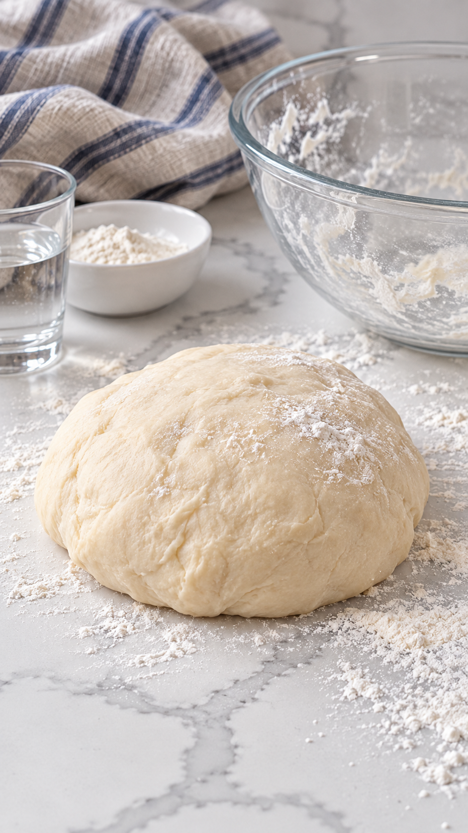 Soft fry bread dough on a lightly floured countertop beside a glass mixing bowl.