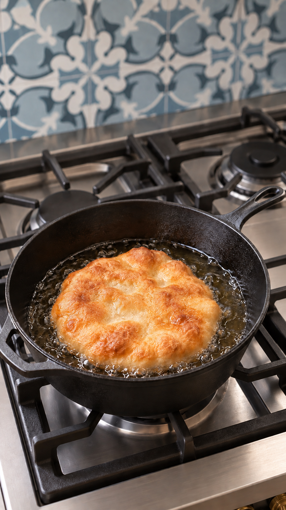 One fry bread round turning golden in hot shortening in a deep cast-iron skillet.