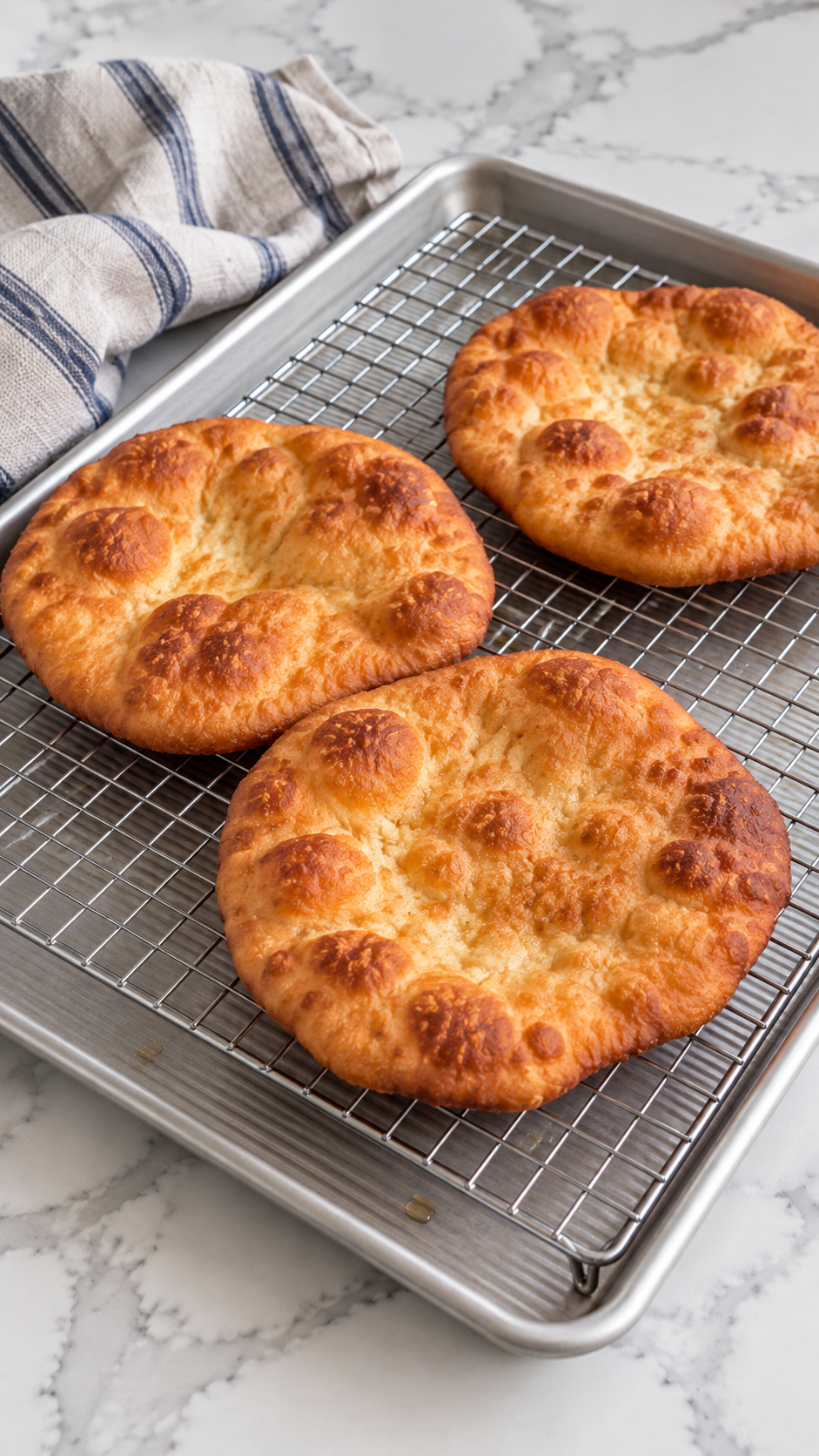 Three golden fry bread rounds draining on a wire rack over a baking sheet.