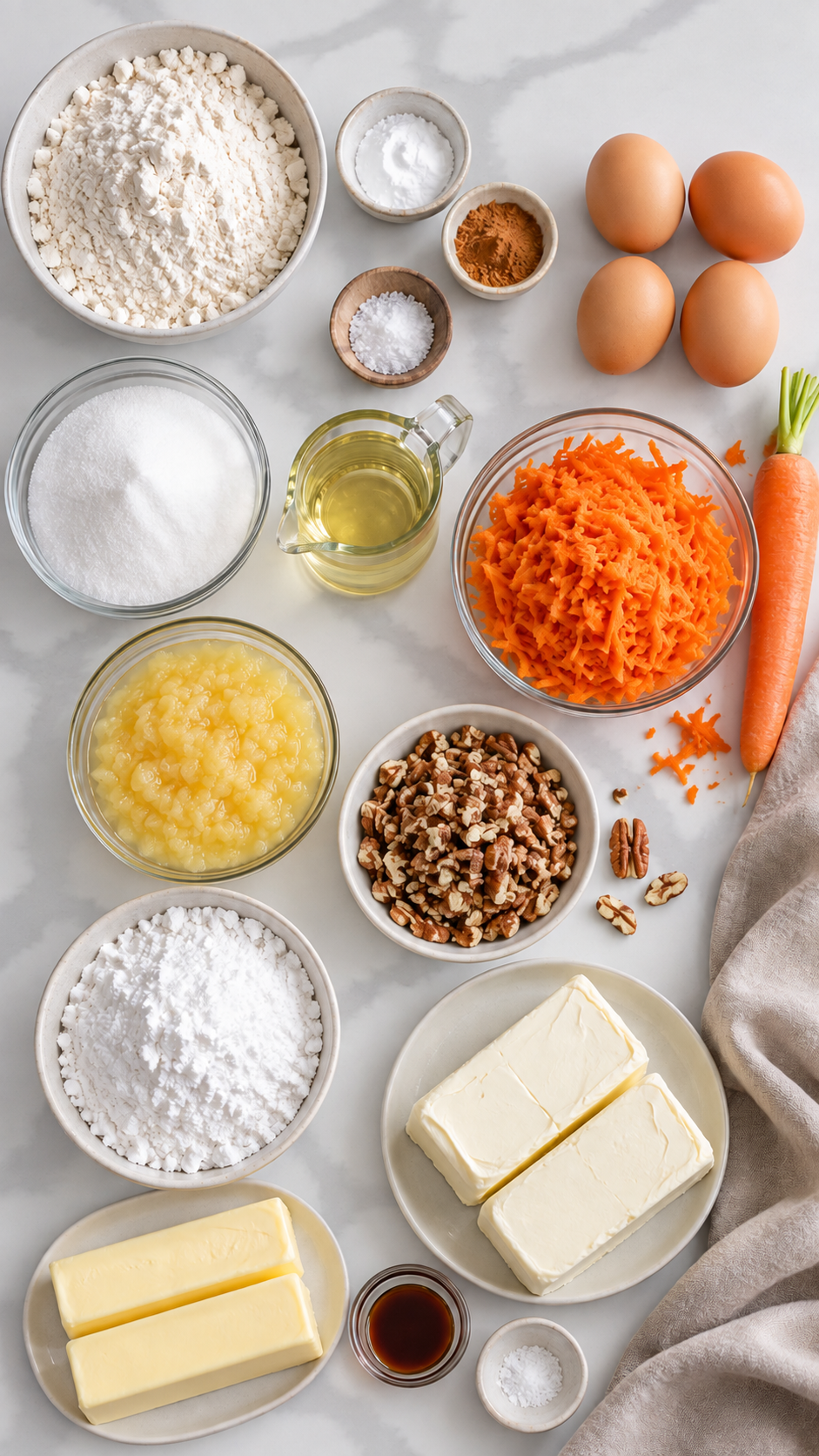 Carrot cake and frosting ingredients, including grated carrots, crushed pineapple, pecans, cream cheese, and butter.