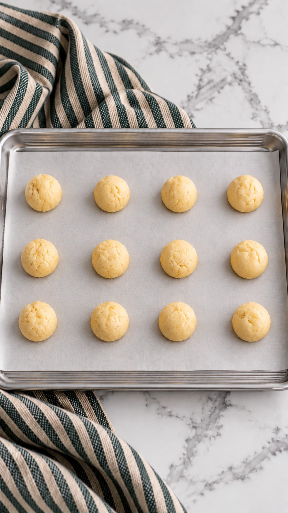 Twelve shaped cookie dough balls spaced on a parchment-lined baking sheet.
