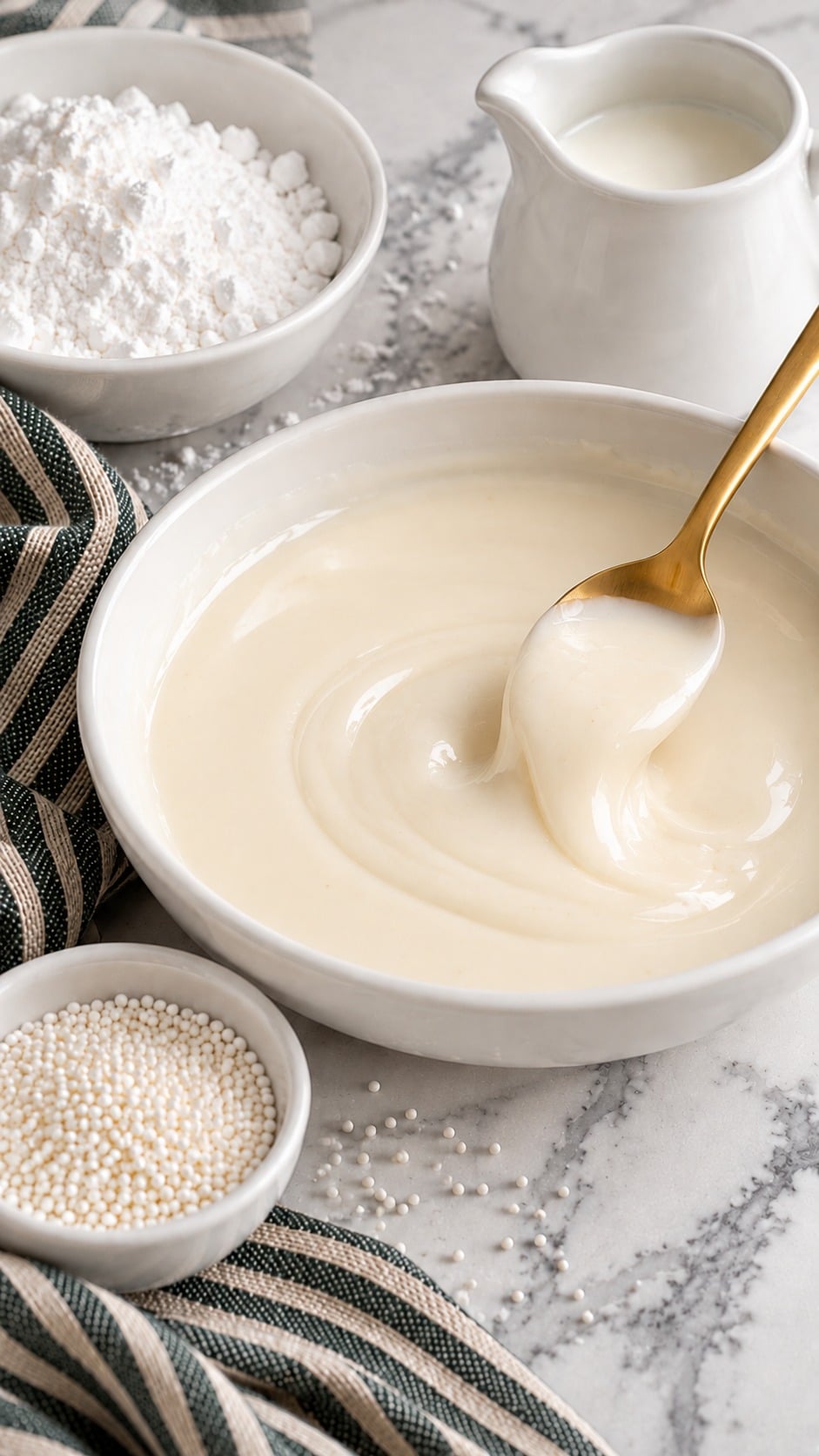 Stirring smooth almond icing in a white bowl.