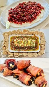 Holiday appetizer collage with cranberry pomegranate jalapeño dip, marinated cheese, and bacon-wrapped dates with Boursin