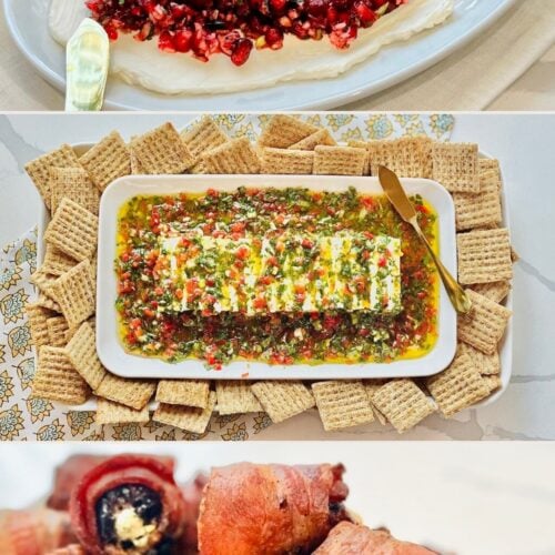 Holiday appetizer collage with cranberry pomegranate jalapeño dip, marinated cheese, and bacon-wrapped dates with Boursin