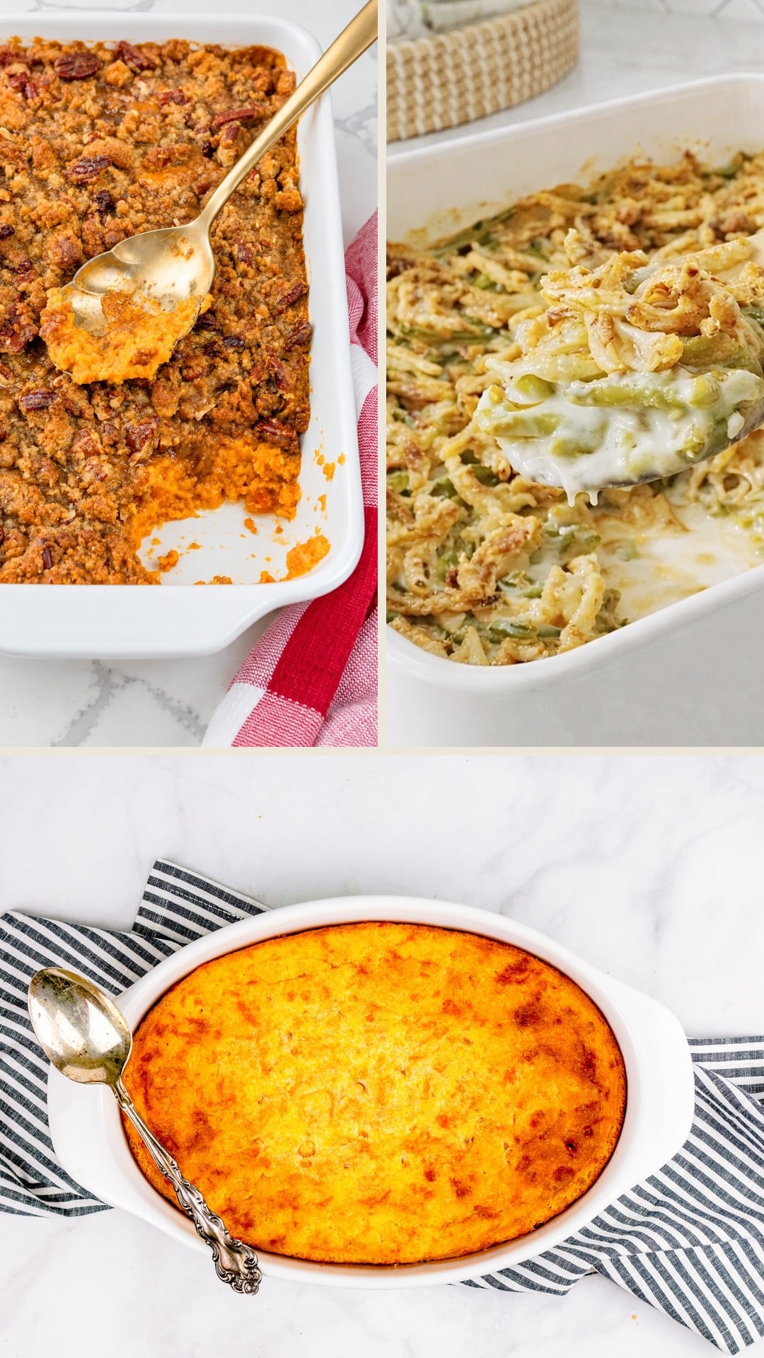 Thanksgiving casserole collage with praline sweet potato casserole, crunchy green bean casserole, and golden corn casserole