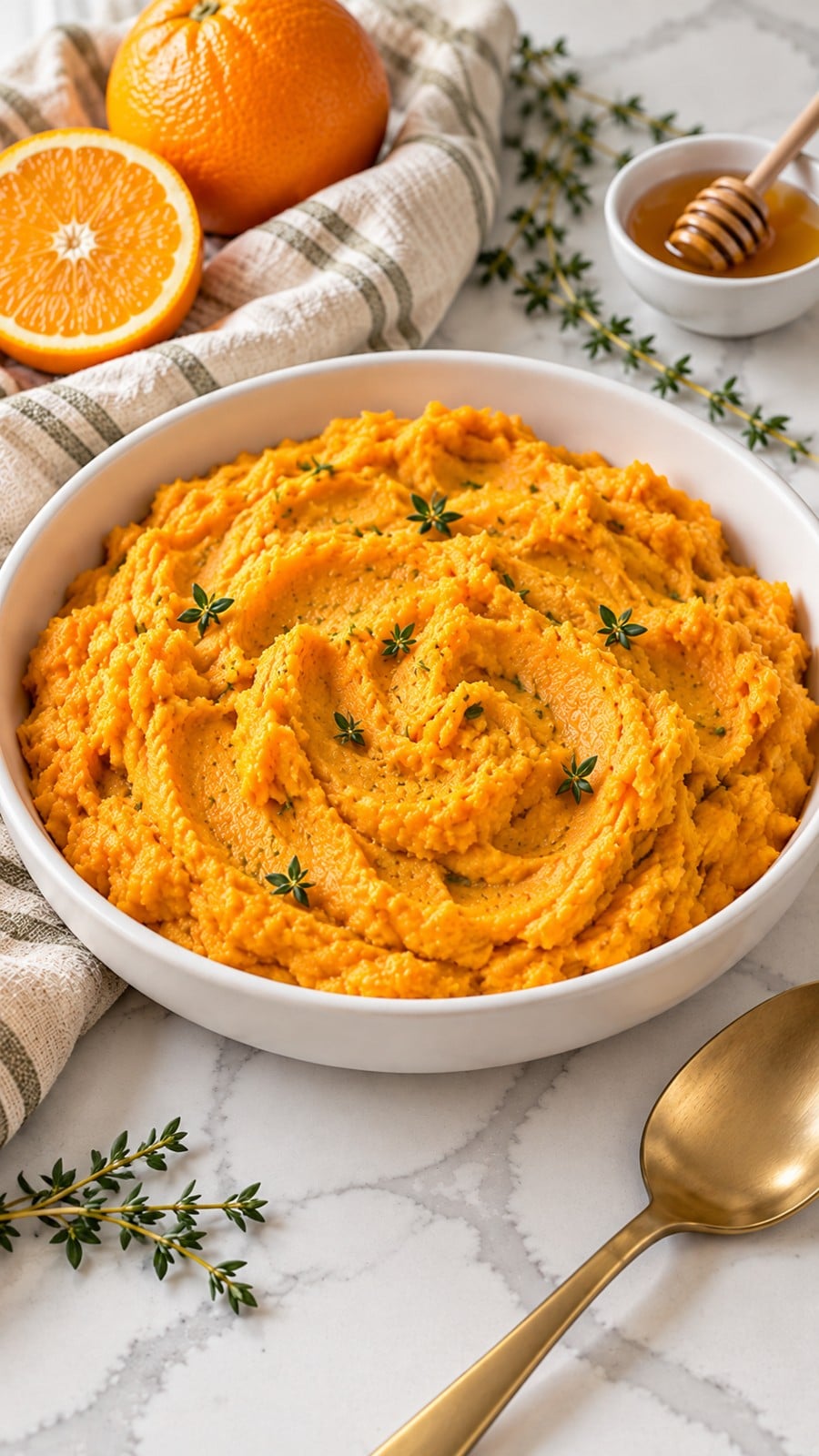 Mashed sweet potatoes with fresh thyme ready for serving