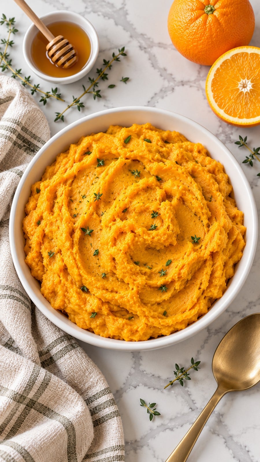 Overhead view of mashed sweet potatoes with orange and thyme