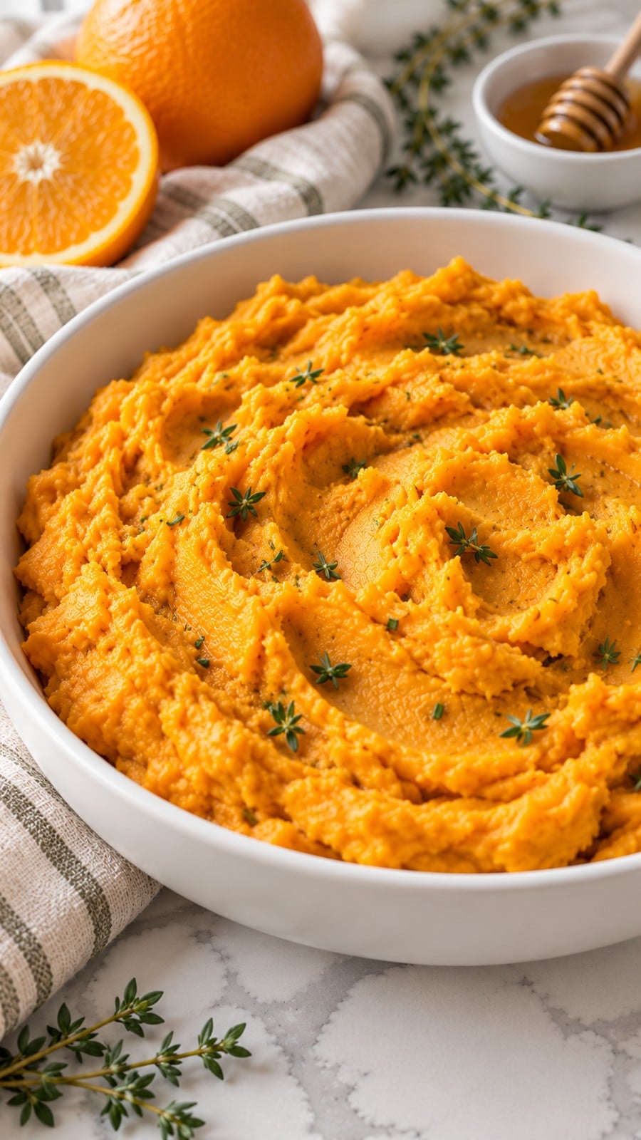Close-up of the softly textured orange and thyme sweet potato mash