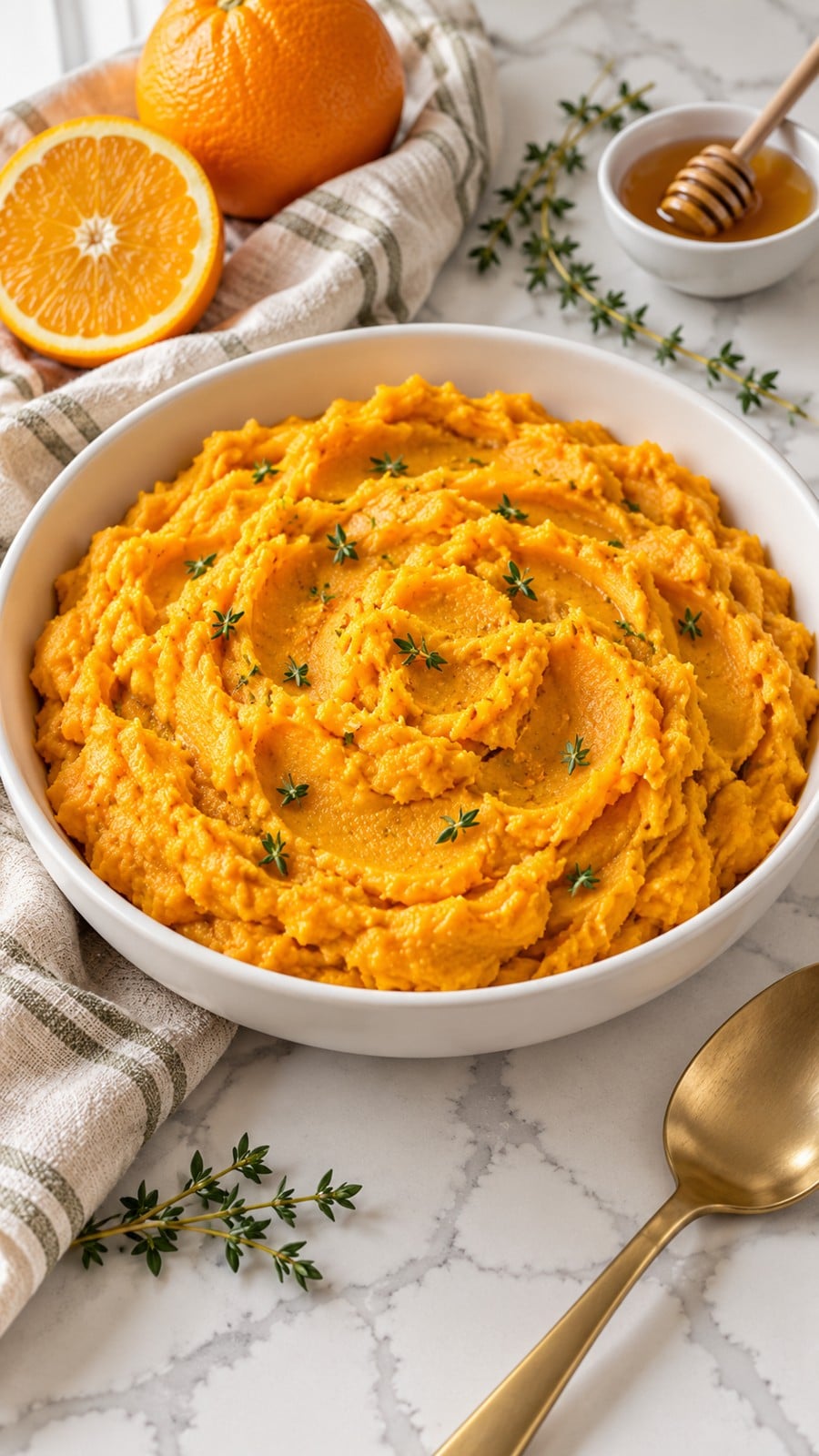 Mashed sweet potatoes with orange and thyme in a white serving bowl