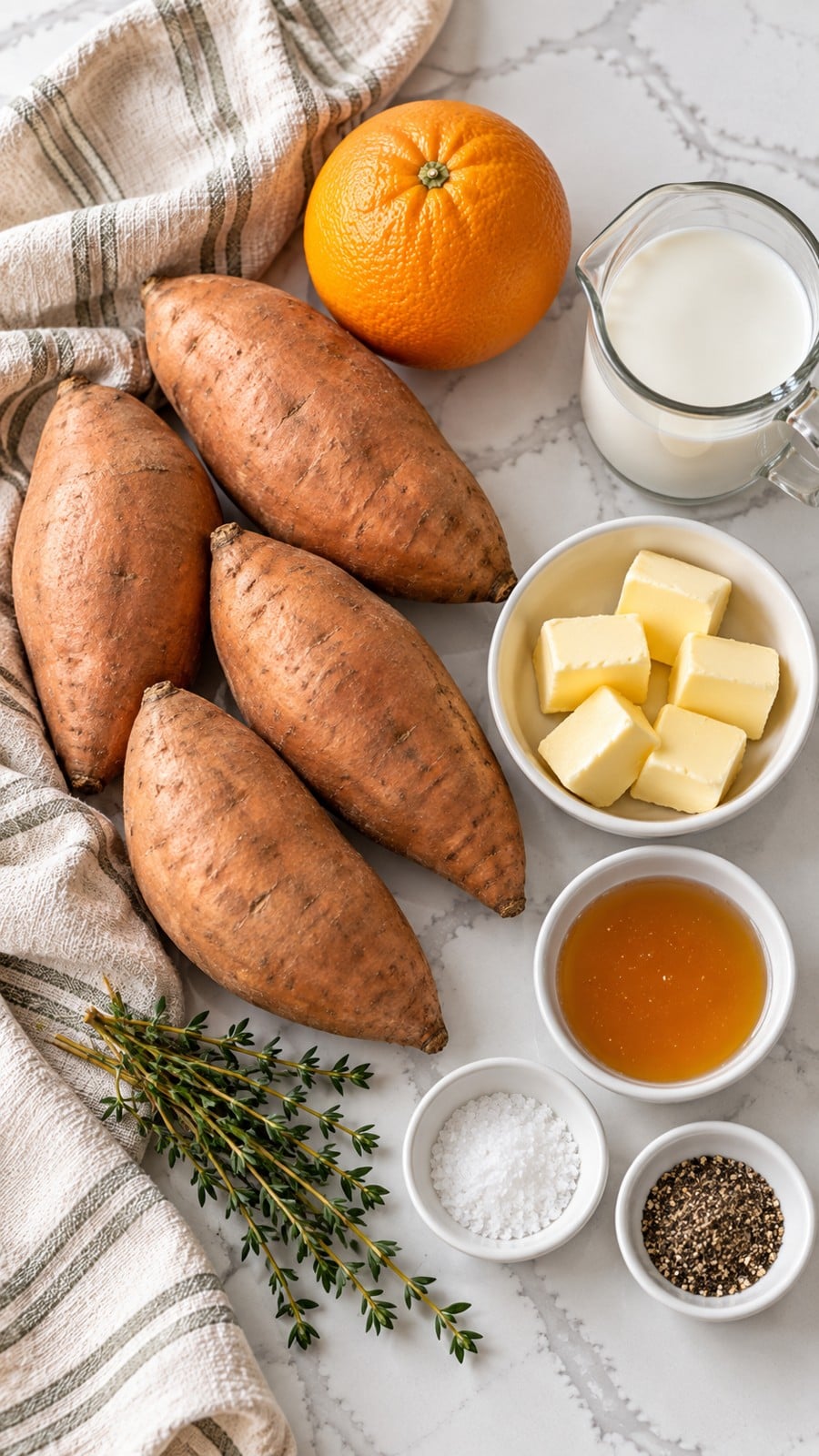 Sweet potatoes, orange, thyme, salted butter, honey, milk, salt, and pepper