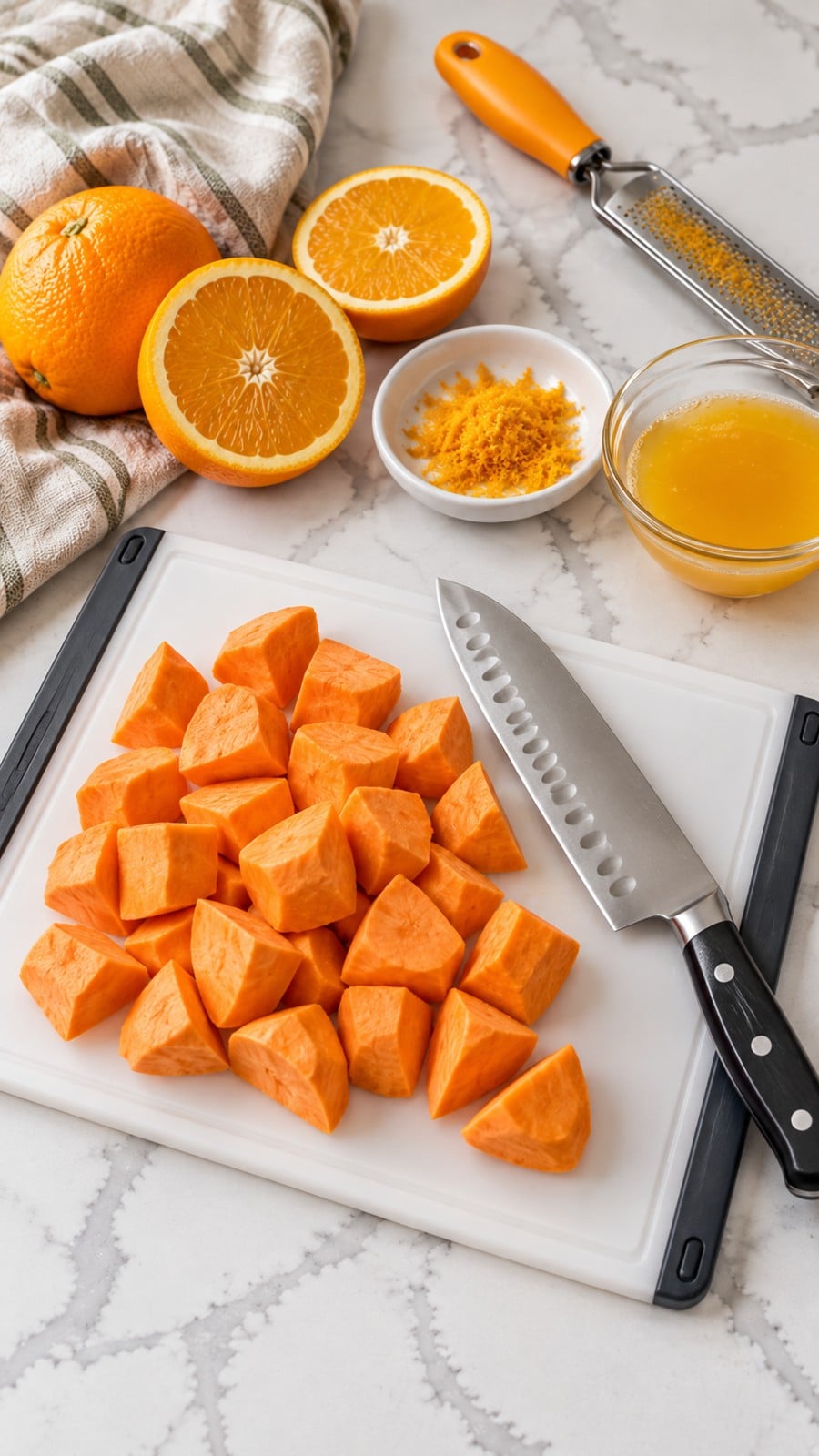 Peeled sweet potatoes cut into one-inch pieces beside prepared orange zest and juice