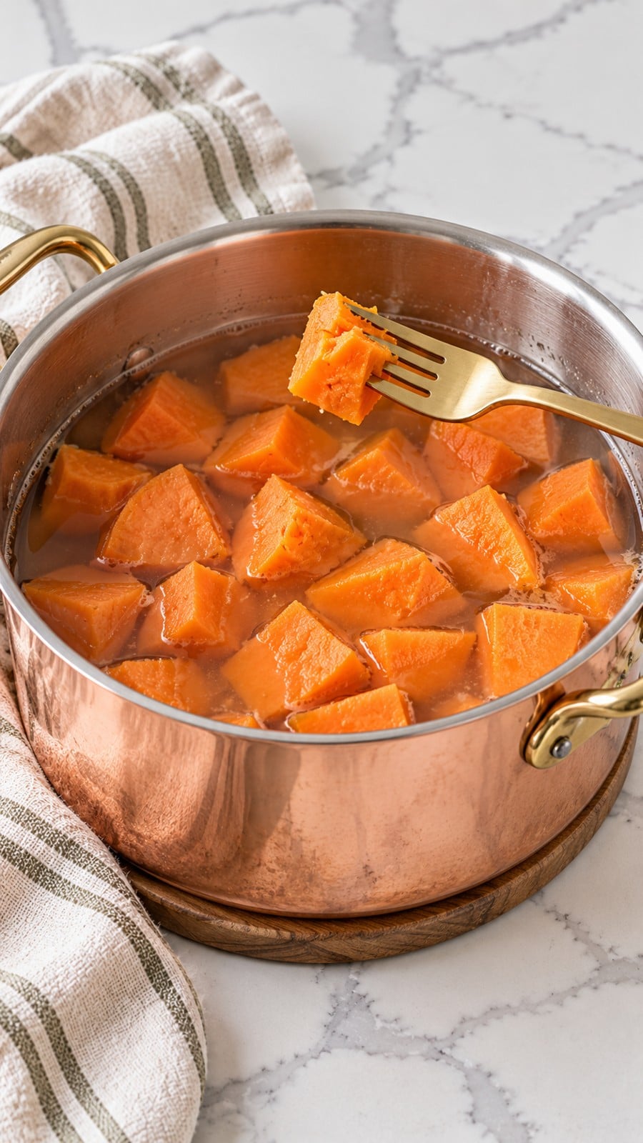 Sweet potato pieces at the fork-tender stage