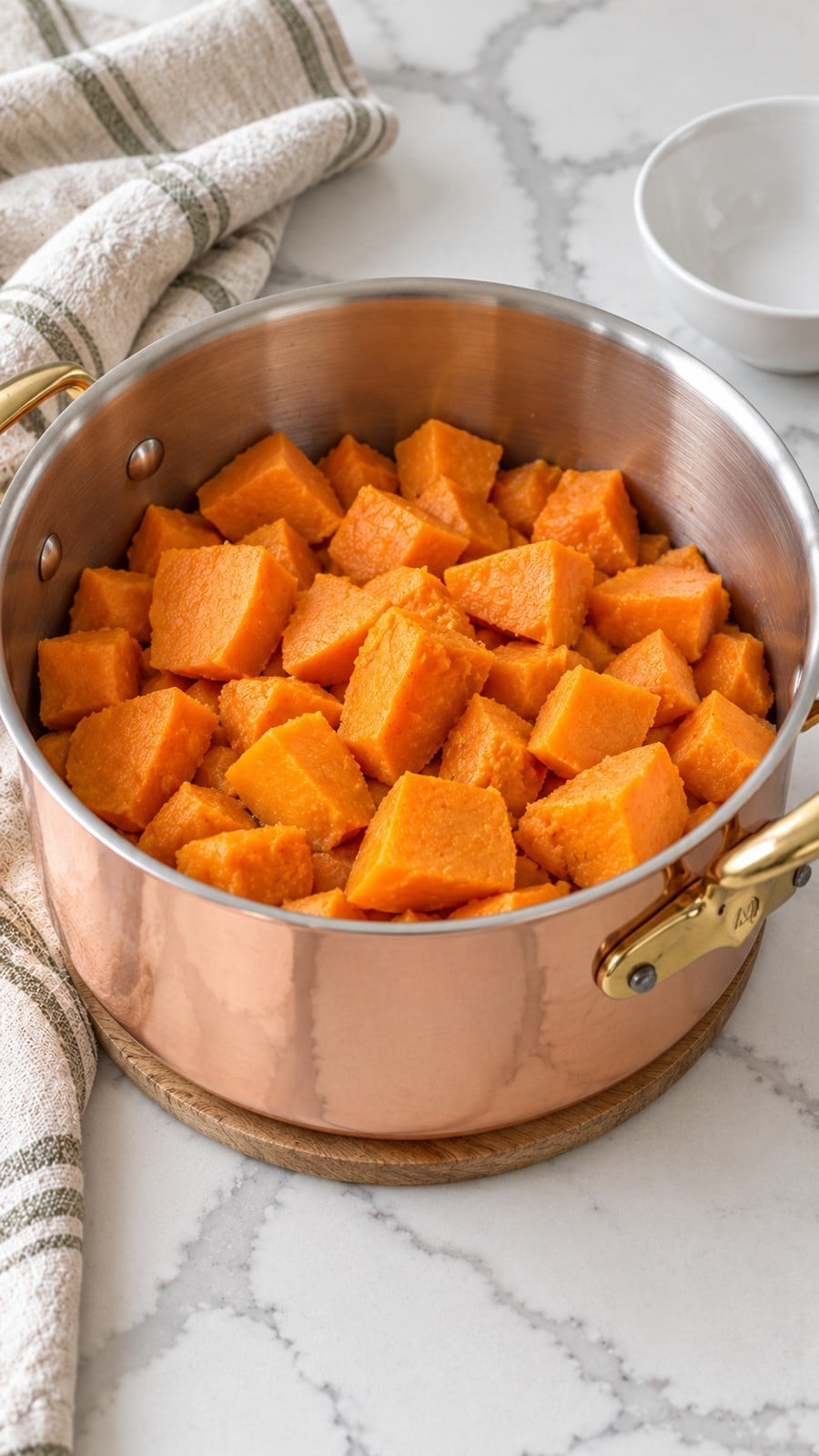 Drained cooked sweet potato pieces before mashing