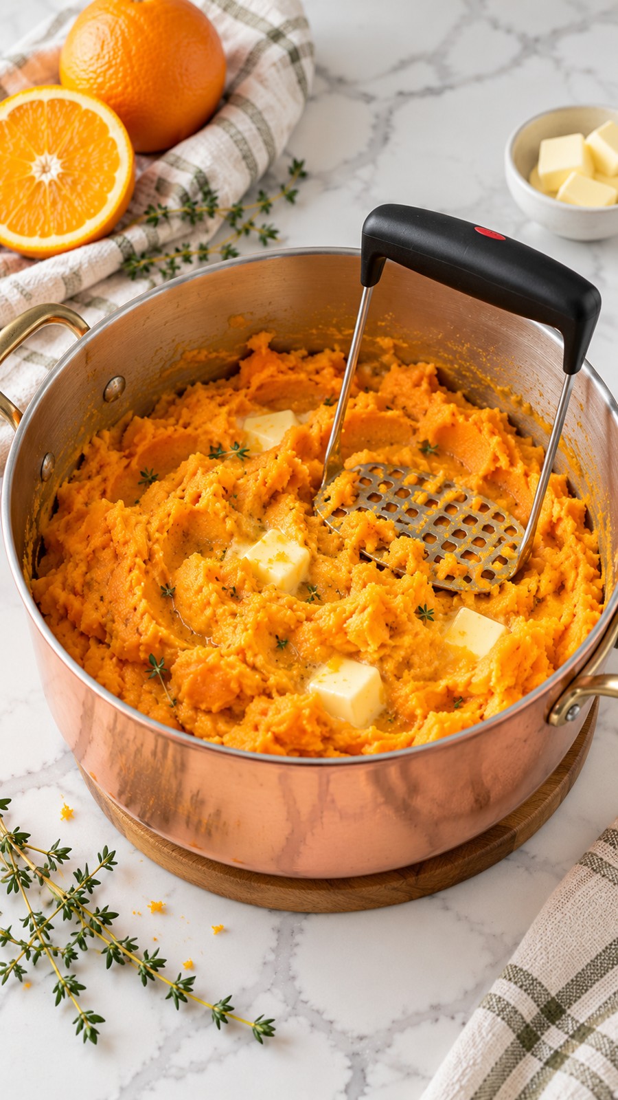 Butter and seasonings being mashed into cooked sweet potatoes off heat
