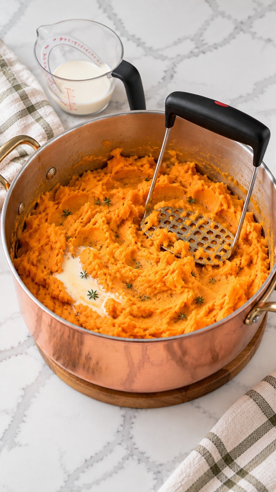 Warm milk added gradually to orange and thyme sweet potato mash