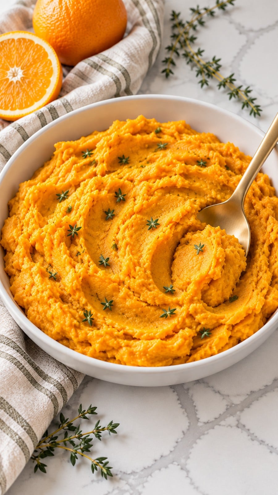 Finished sweet potato mash spooned into its white serving bowl