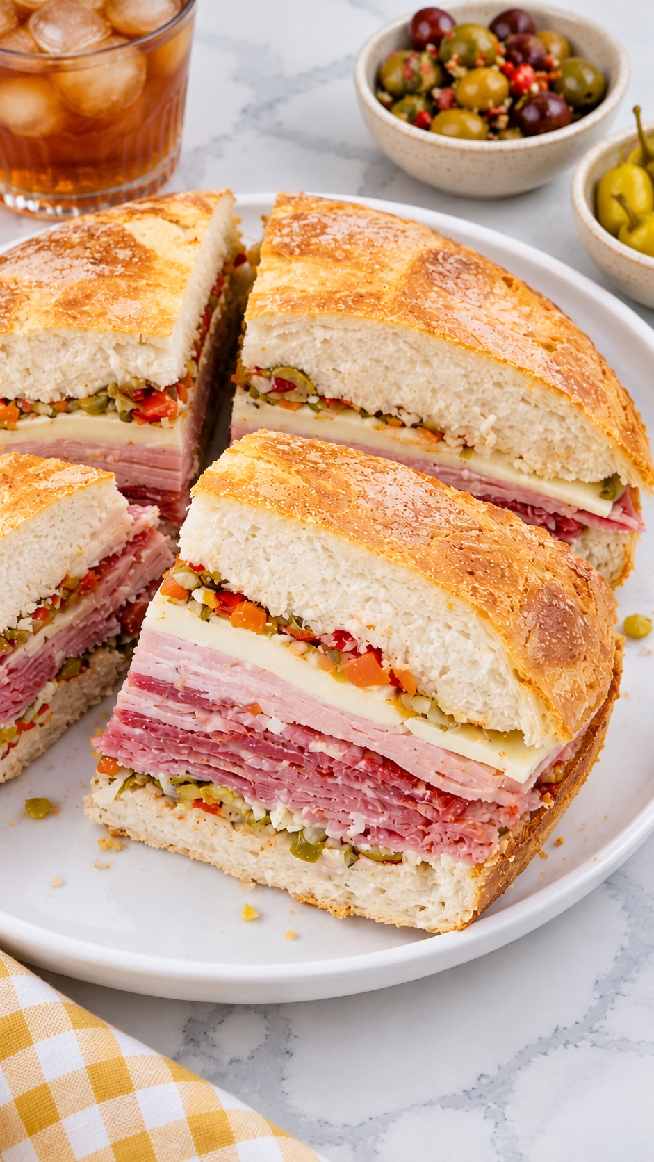 Close view of a finished muffuletta wedge showing olive salad, salami, ham, mortadella, and cheese
