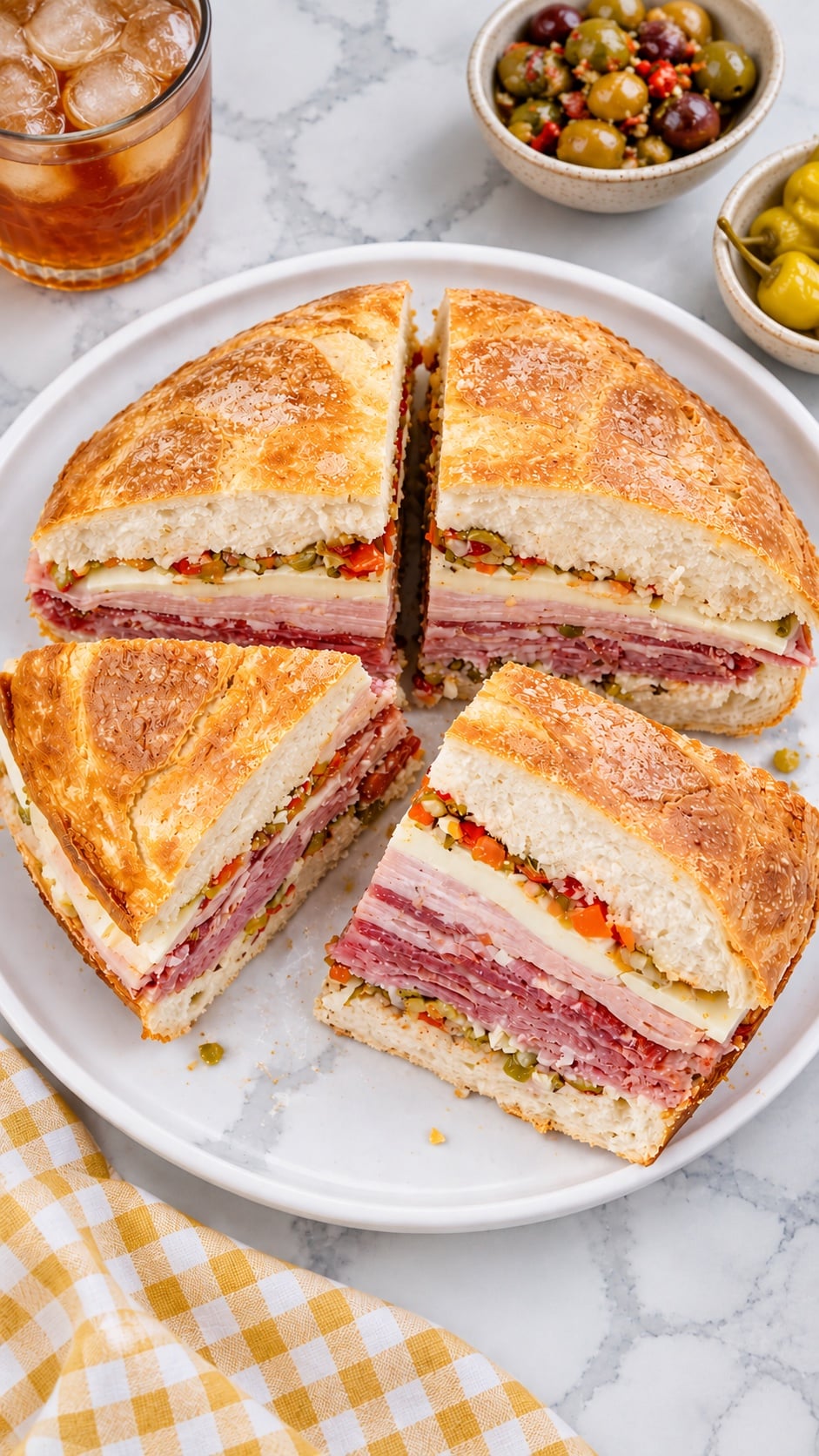 Angled view of four muffuletta wedges with homemade olive salad and cold meat and cheese layers