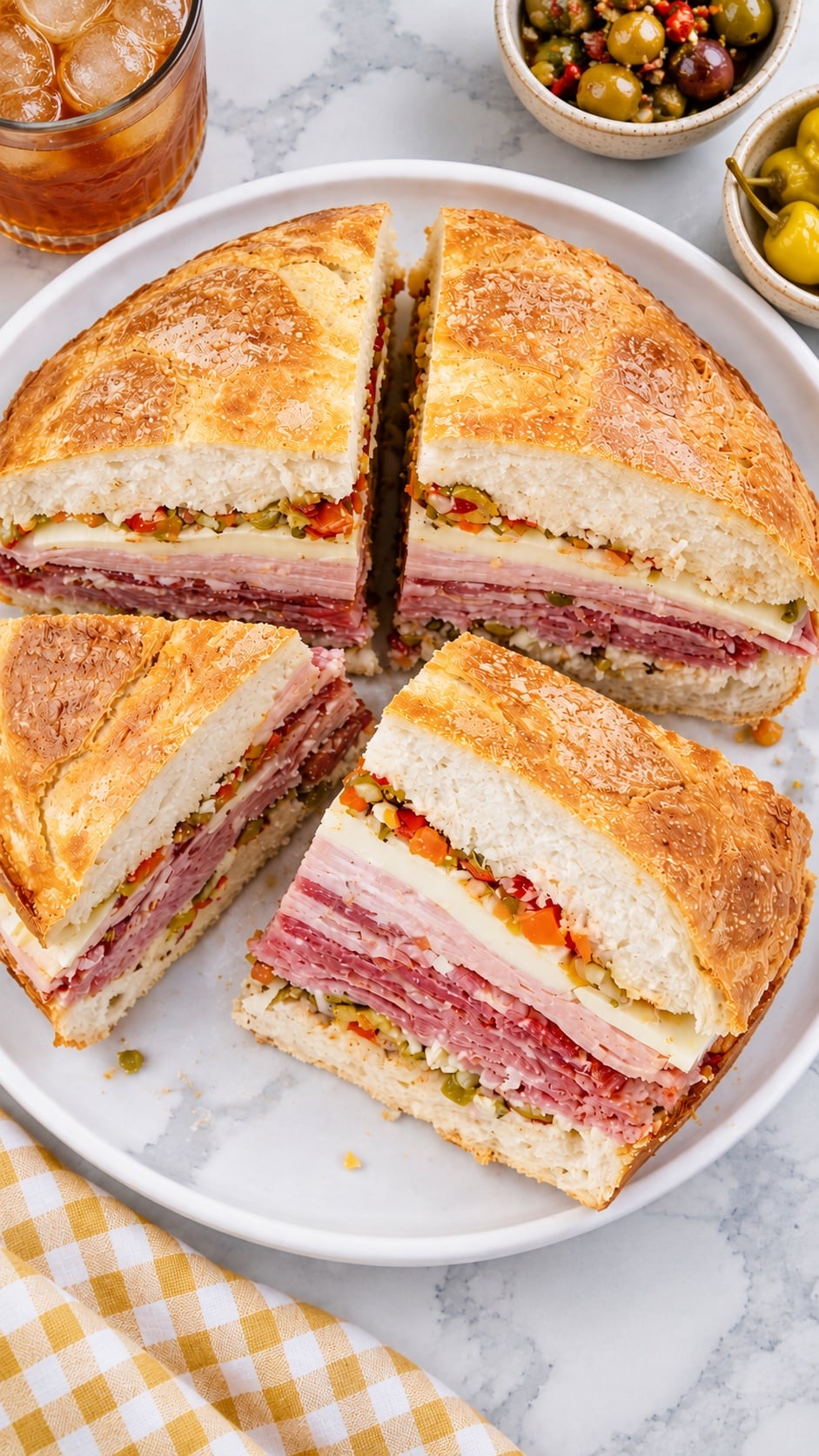 Close overhead view of a muffuletta wedge showing the bread, olive salad, meats, and cheeses