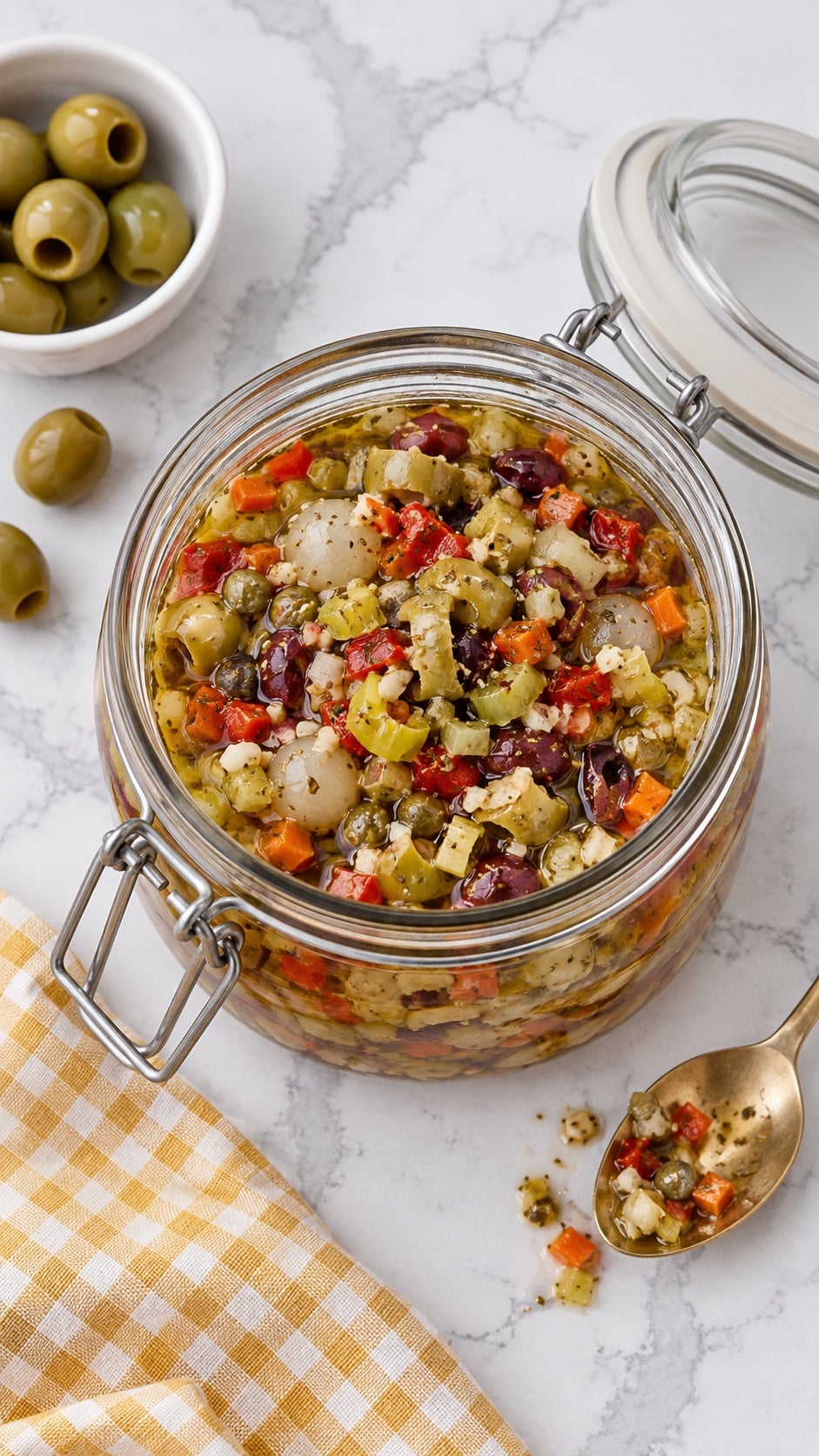 Homemade muffuletta olive salad in a glass jar ready to cover and refrigerate