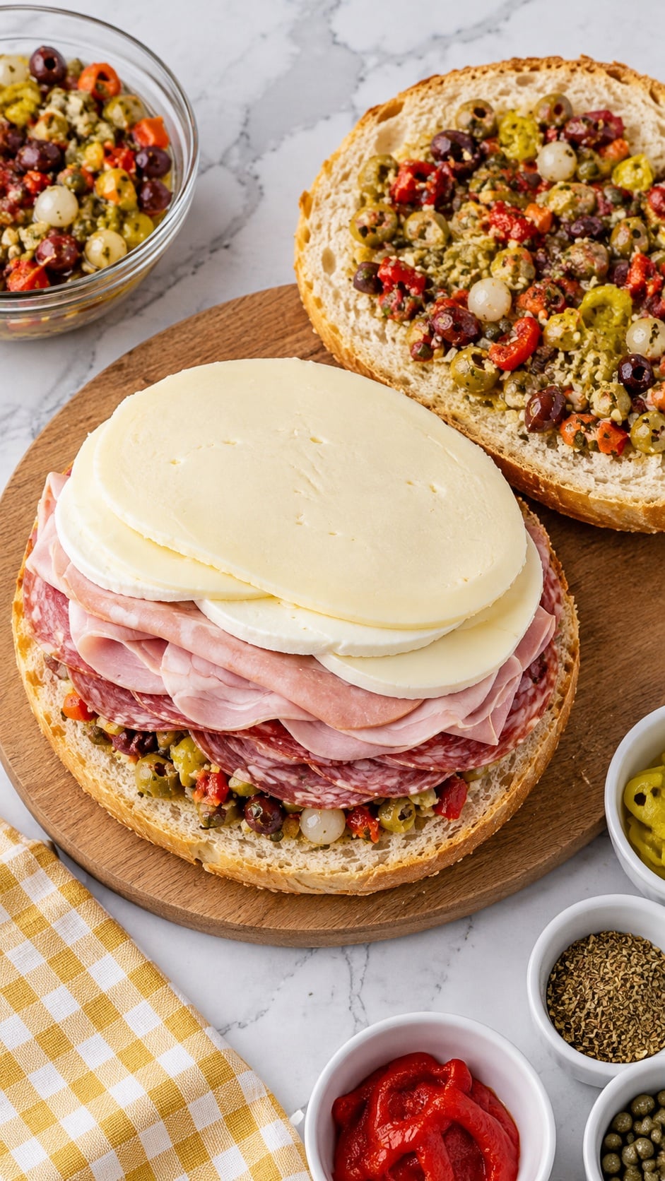 Open Italian loaf layered with olive salad, deli meats, mozzarella, and provolone before closing