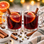 Warm mulled wine in clear glass mugs with orange and cinnamon, whole spices scattered on the counter, and blurred Christmas lights.