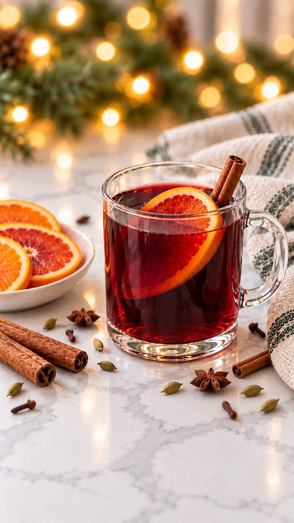 Warm mulled wine in a clear handled mug with an orange round, cinnamon stick, and whole spices on the counter.