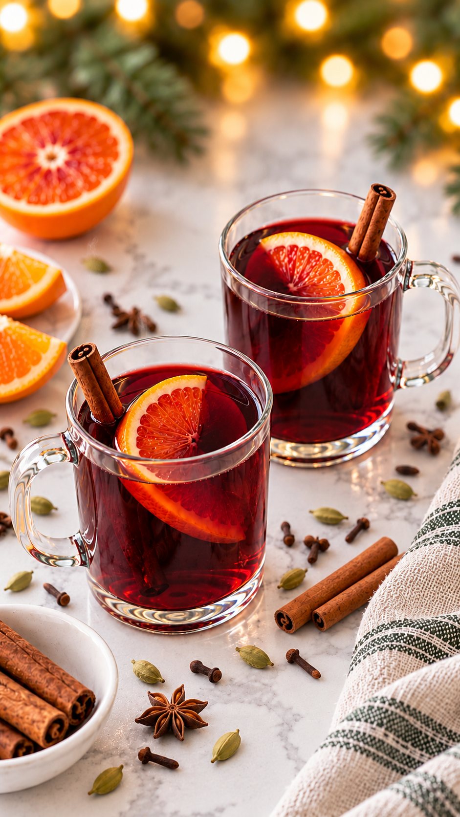 Mulled wine with orange slices and cinnamon in clear handled mugs, surrounded by whole spices.