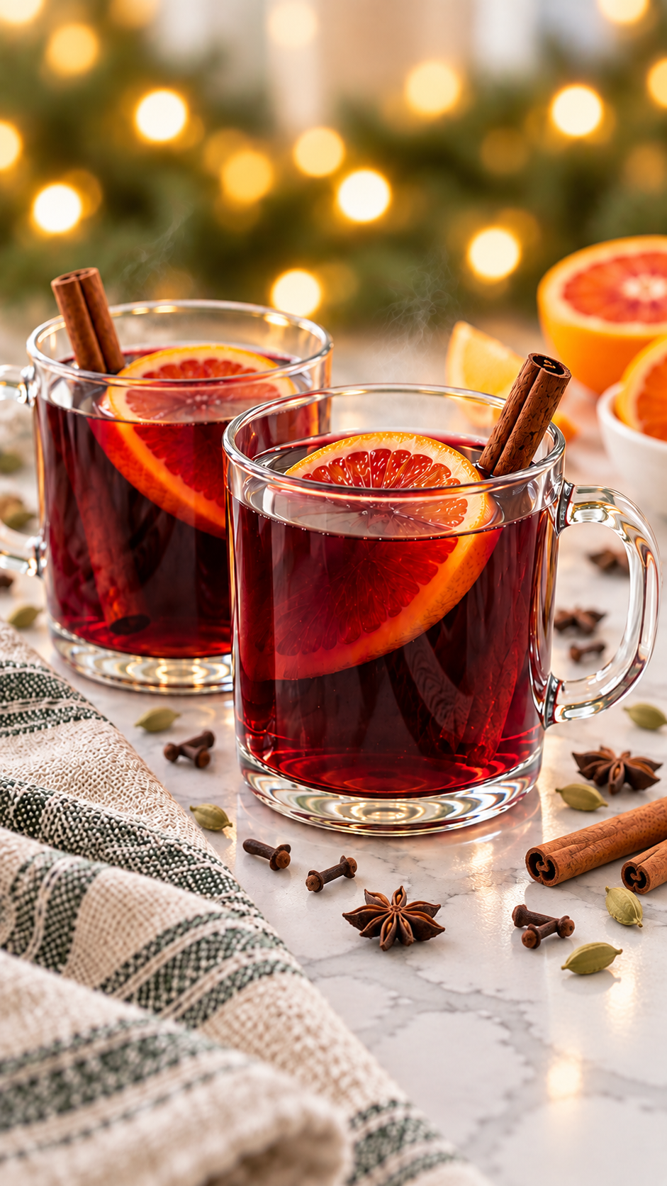 Close view of warm mulled wine in clear glass mugs with orange, cinnamon, and blurred Christmas lights.