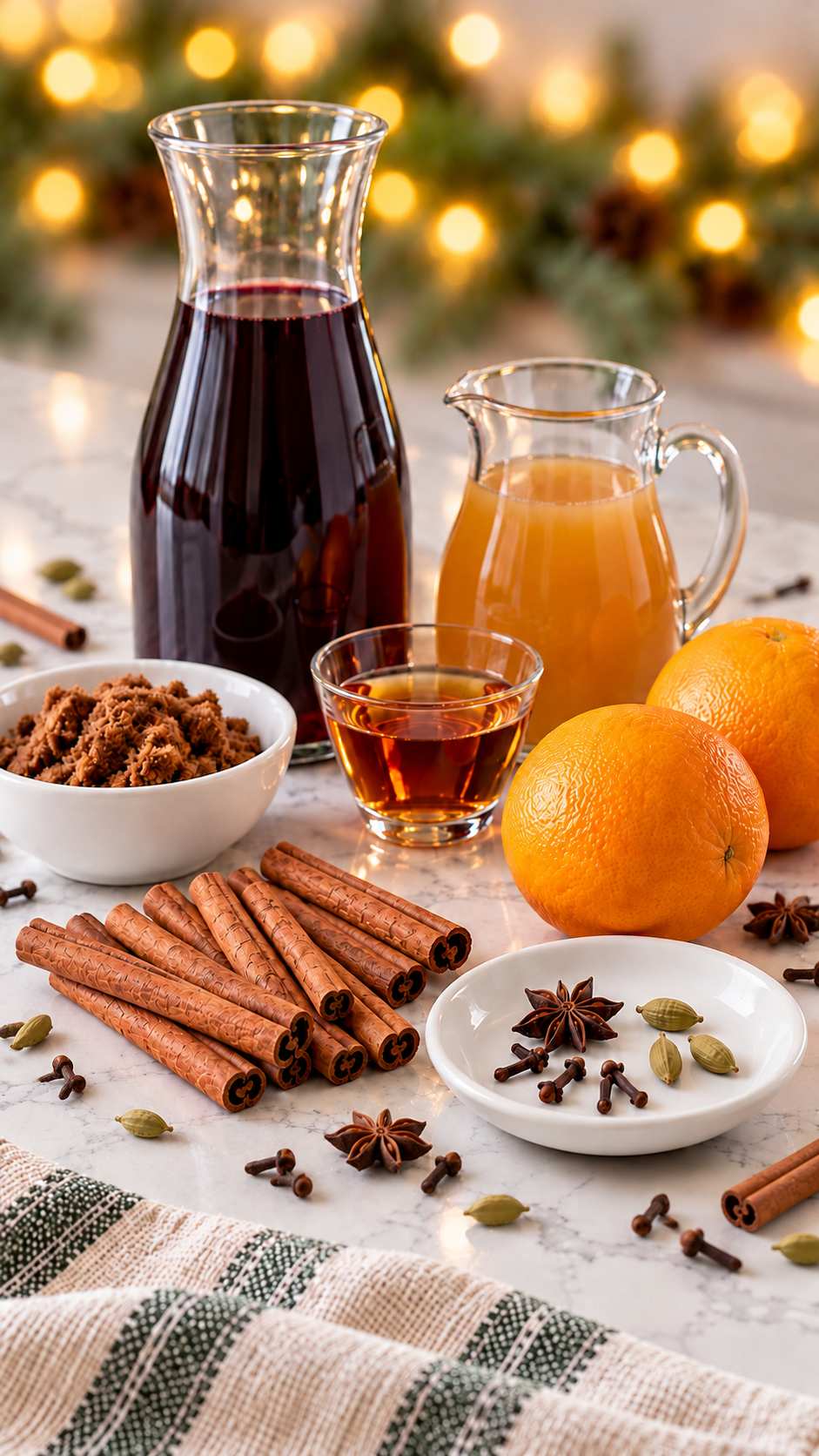 Red wine, apple cider, brandy, dark brown sugar, oranges, cinnamon sticks, cloves, cardamom, and star anise for mulled wine.