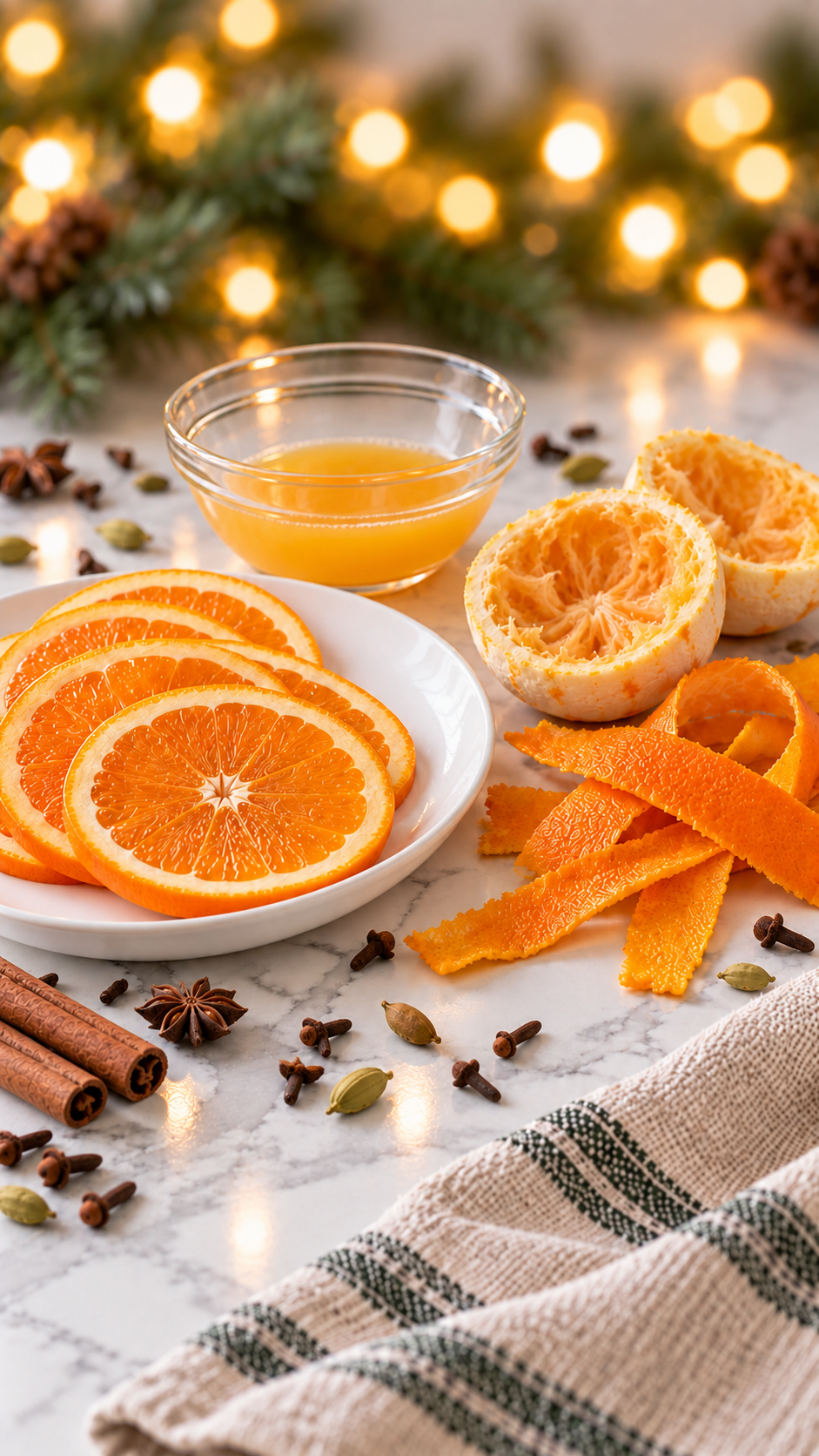 Orange rounds, peeled and squeezed orange halves, fresh juice, and wide strips of zest prepared for mulled wine.